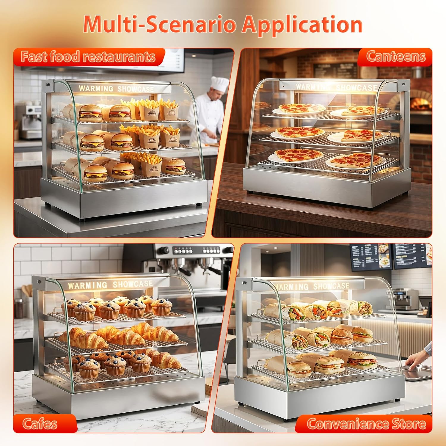 26" Commercial Food Warmer, 3-Tier Glass Display with LED&Tempered Door