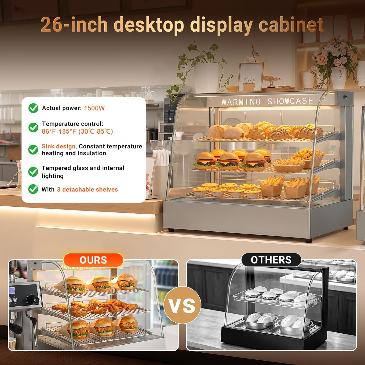 26" Commercial Food Warmer, 3-Tier Glass Display with LED&Tempered Door