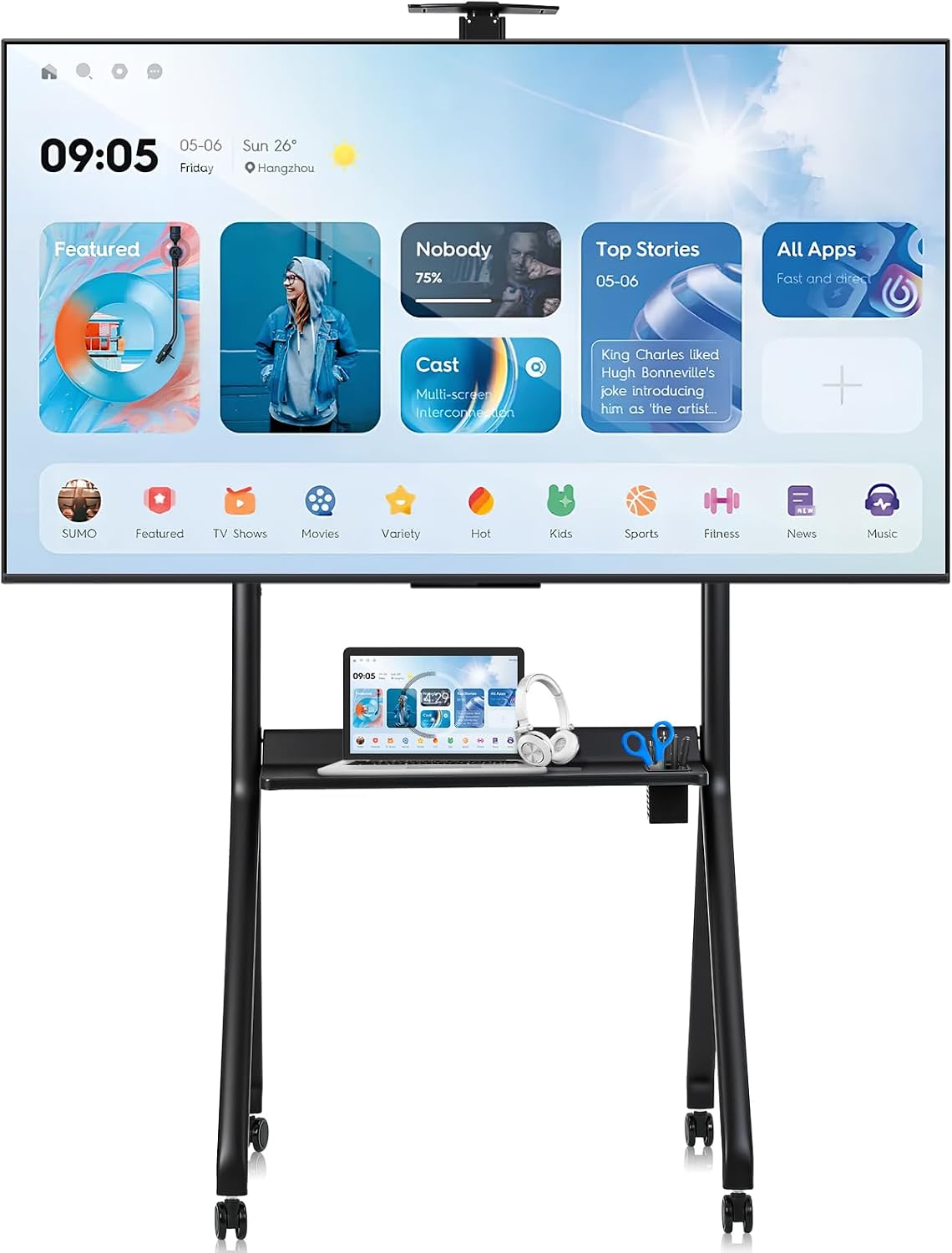 Rolling TV Stand with Lockable Wheels, Mobile TV Cart for 42-86 Inch Screens