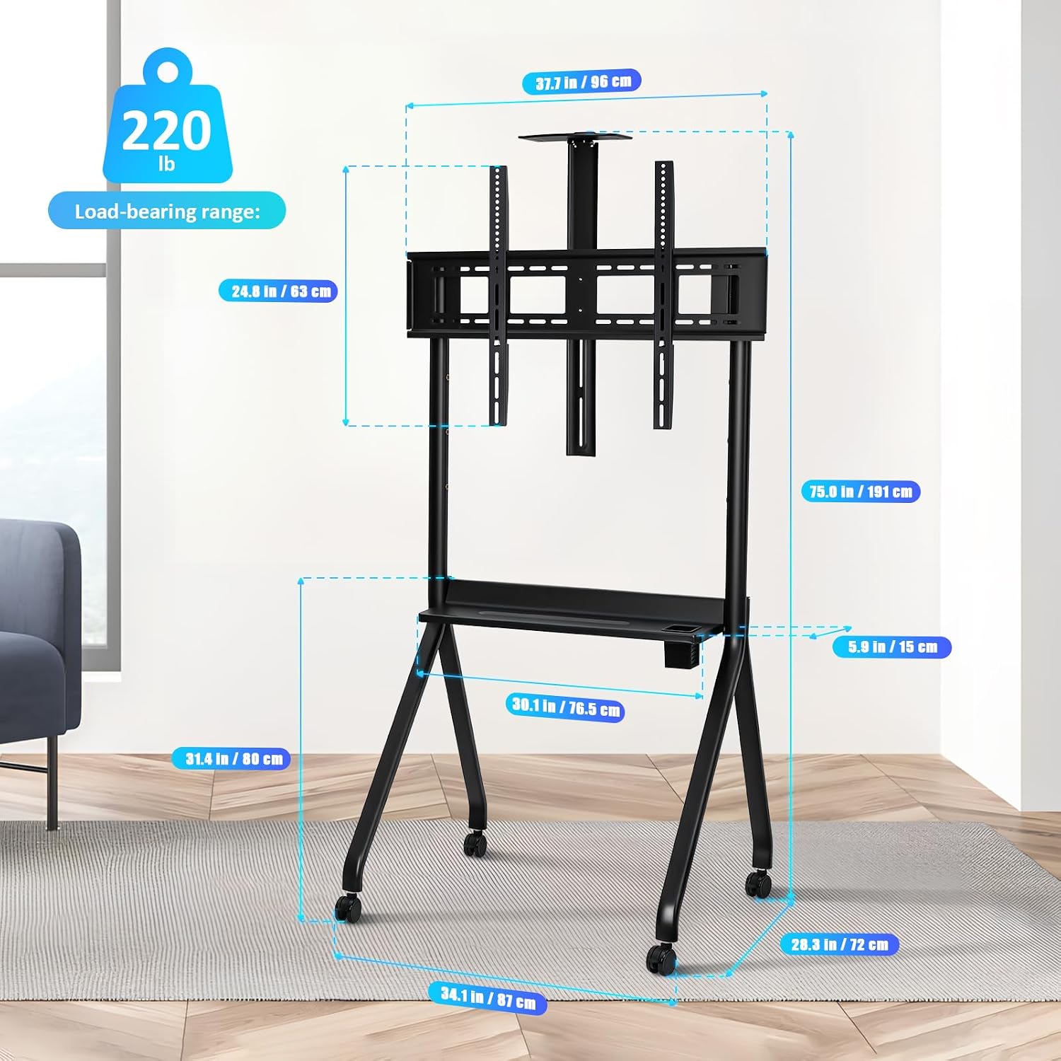 Rolling TV Stand with Lockable Wheels, Mobile TV Cart for 42-86 Inch Screens