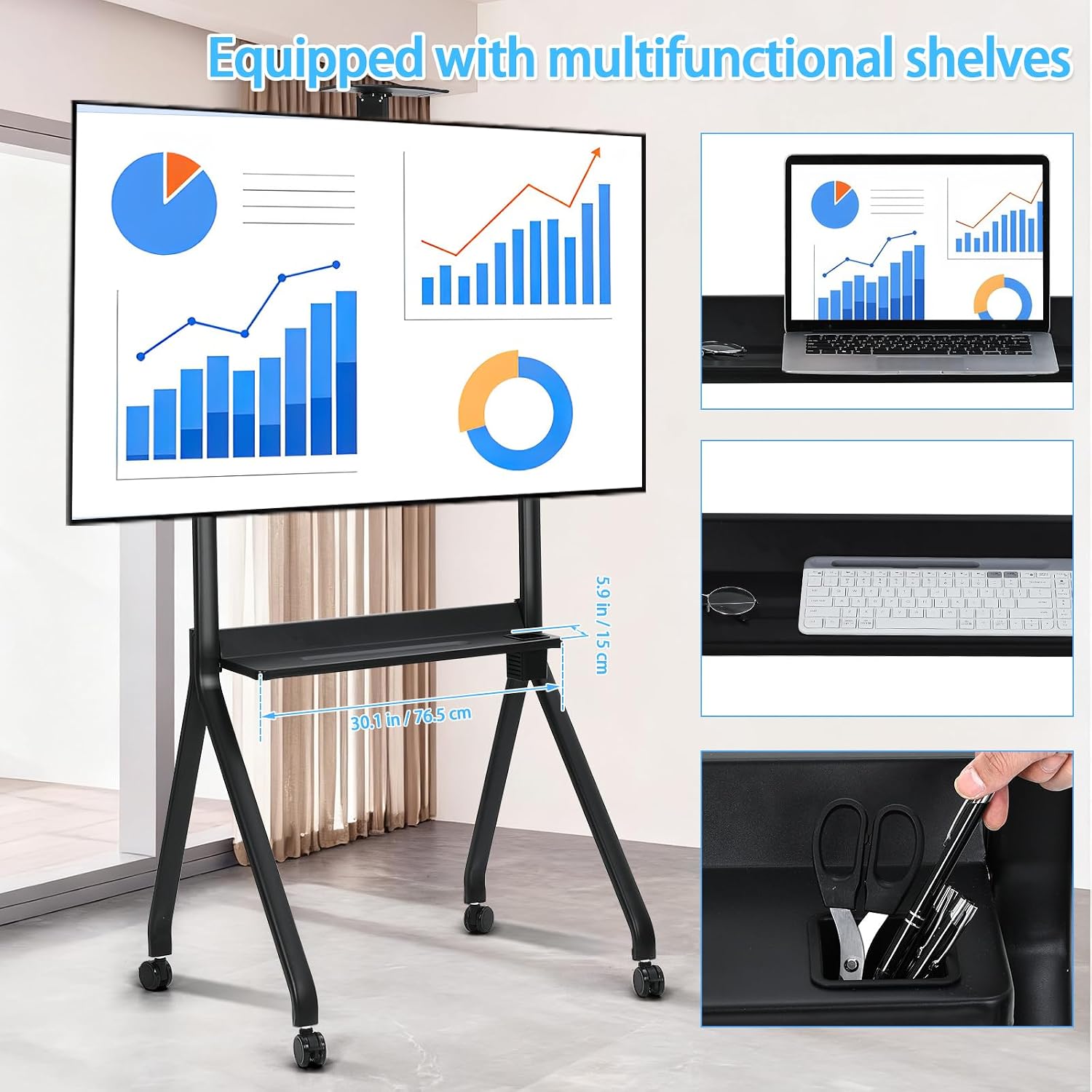 Rolling TV Stand with Lockable Wheels, Mobile TV Cart for 42-86 Inch Screens