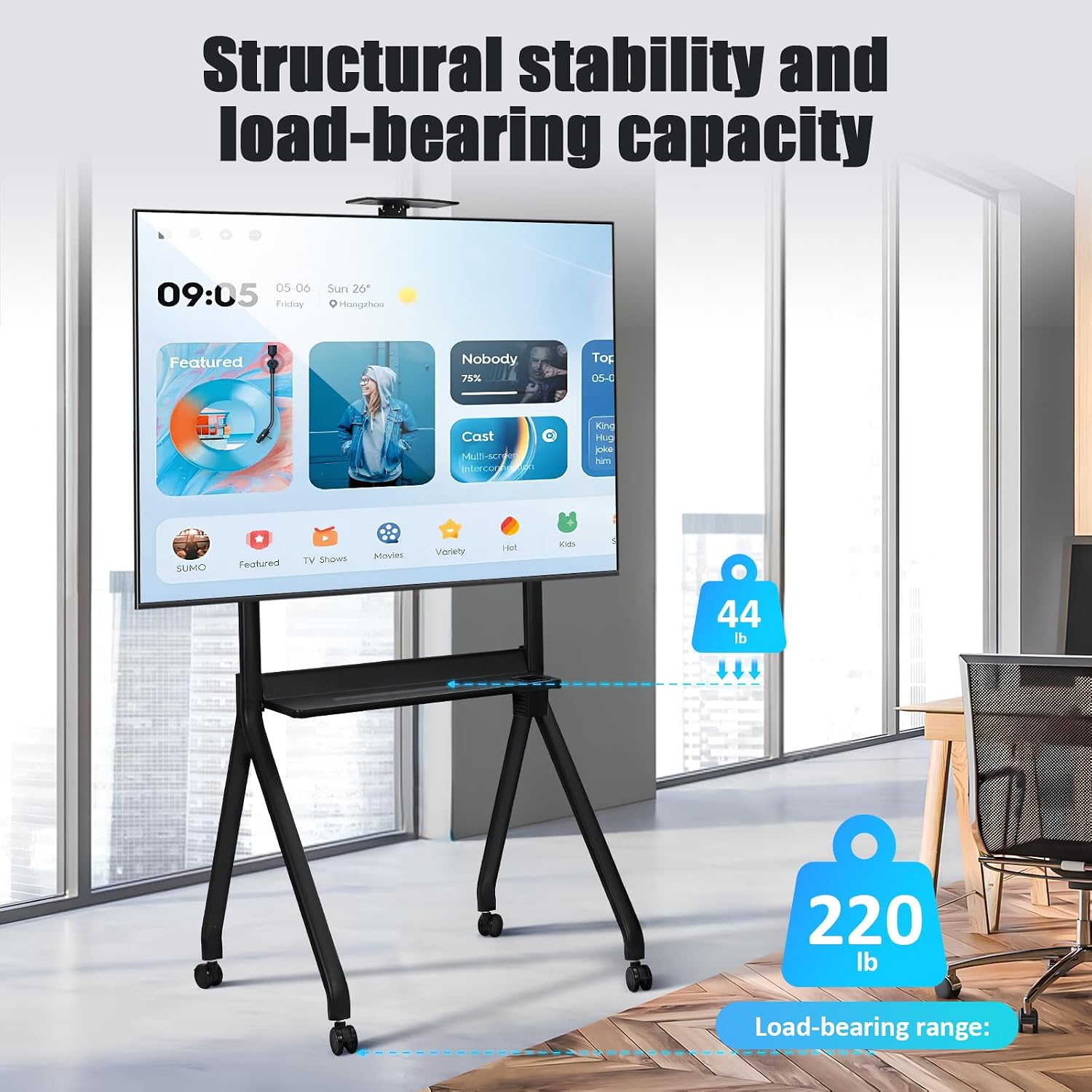 Rolling TV Stand with Lockable Wheels, Mobile TV Cart for 42-86 Inch Screens