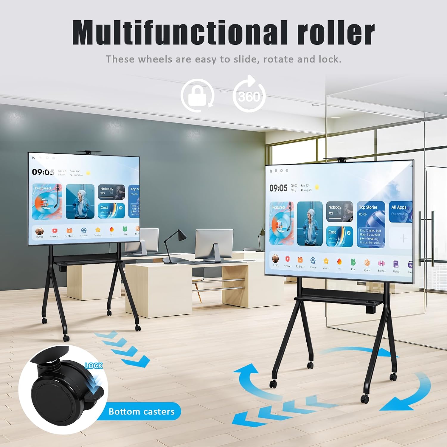 Rolling TV Stand with Lockable Wheels, Mobile TV Cart for 42-86 Inch Screens