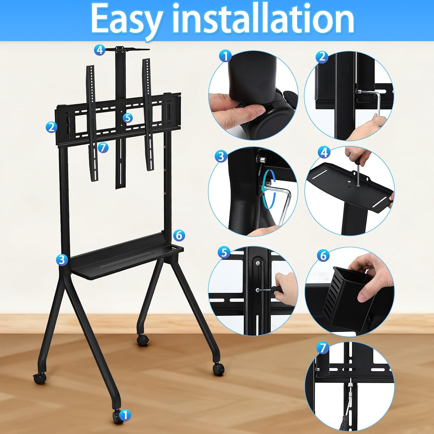Rolling TV Stand with Lockable Wheels, Mobile TV Cart for 42-86 Inch Screens