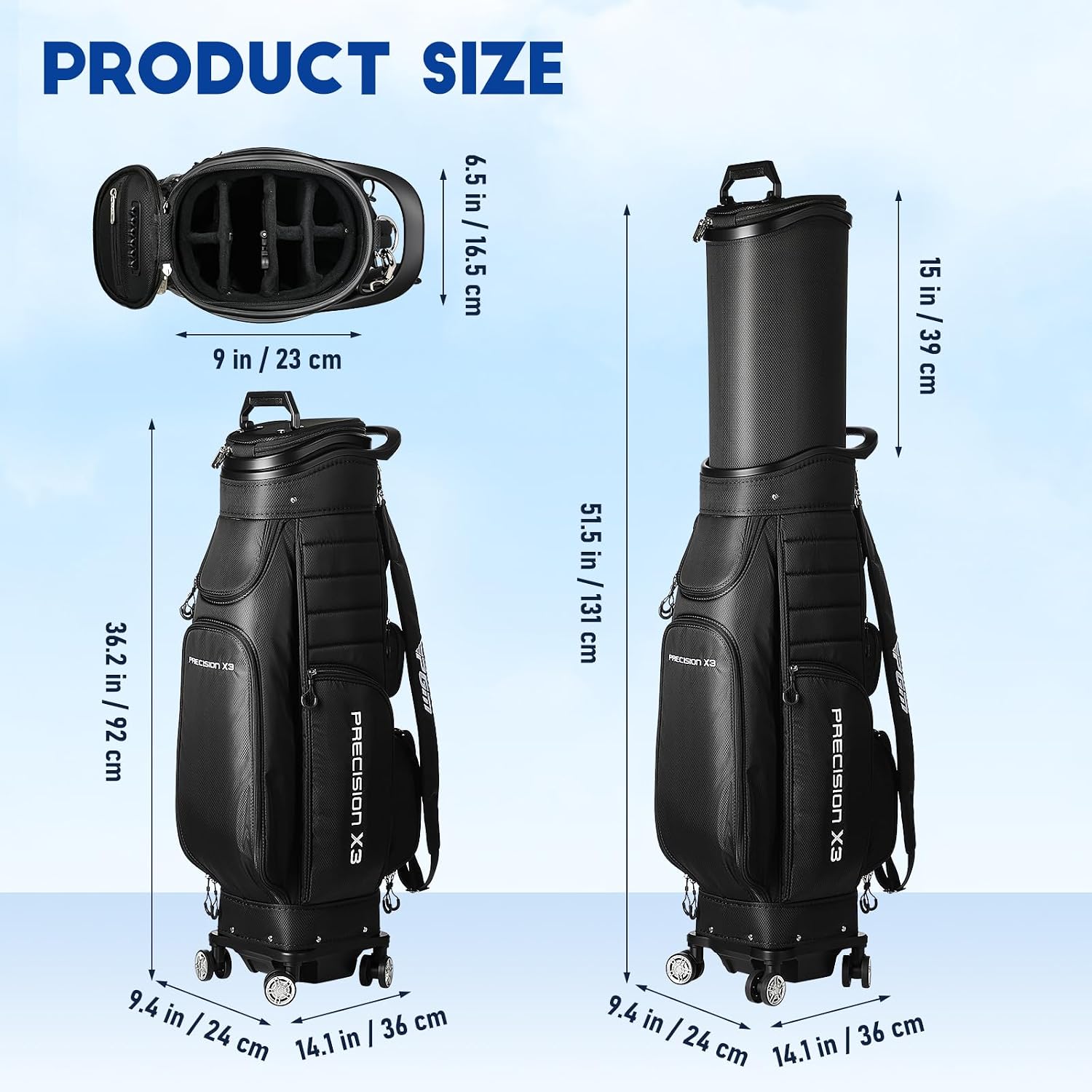 Golf Cart Bag with Top Dividers, Retractable Integrated Handle Grip