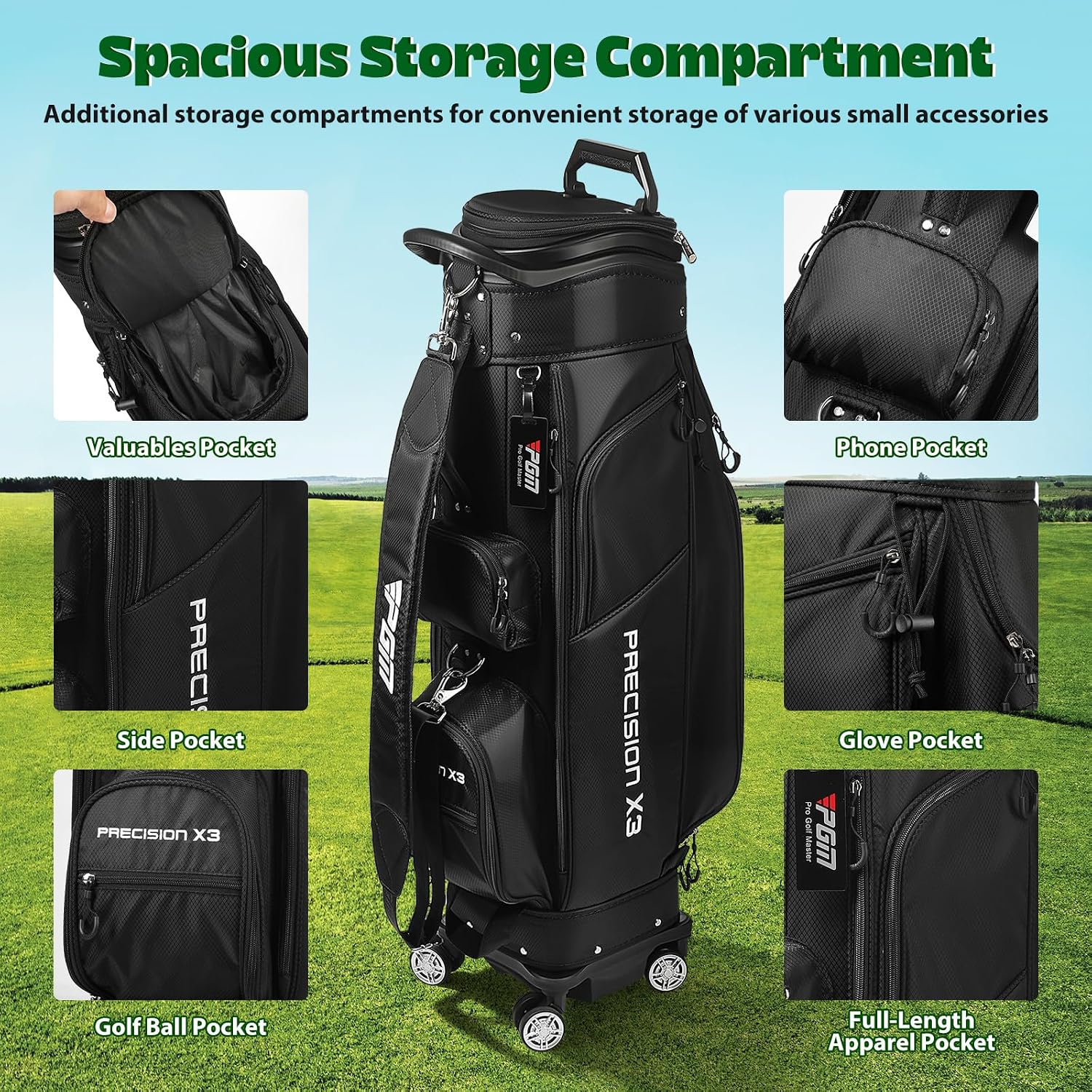 Golf Cart Bag with Top Dividers, Retractable Integrated Handle Grip