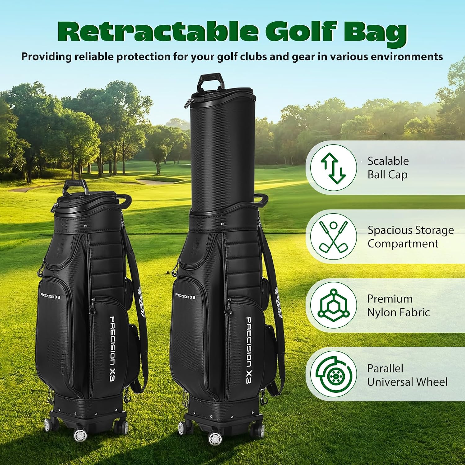 Golf Cart Bag with Top Dividers, Retractable Integrated Handle Grip