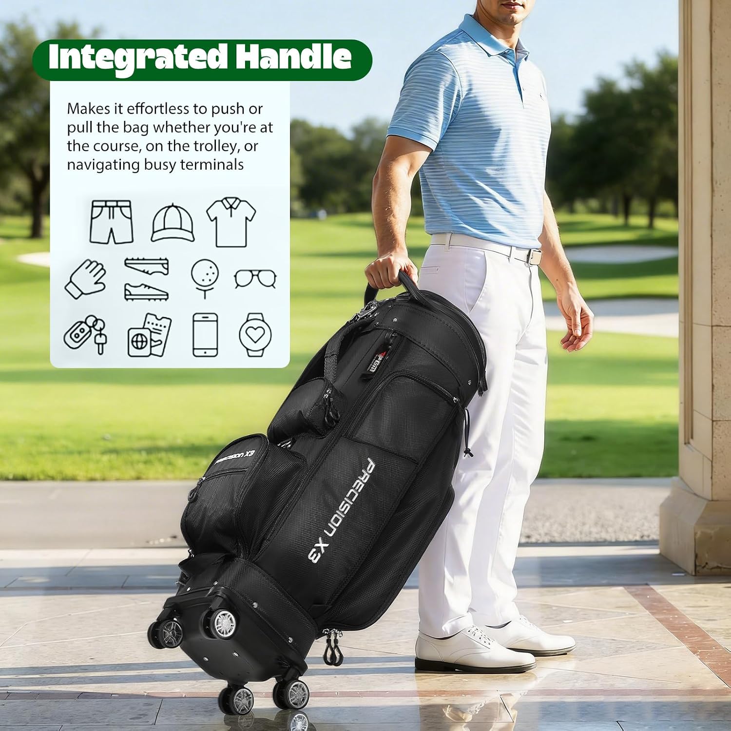 Golf Cart Bag with Top Dividers, Retractable Integrated Handle Grip