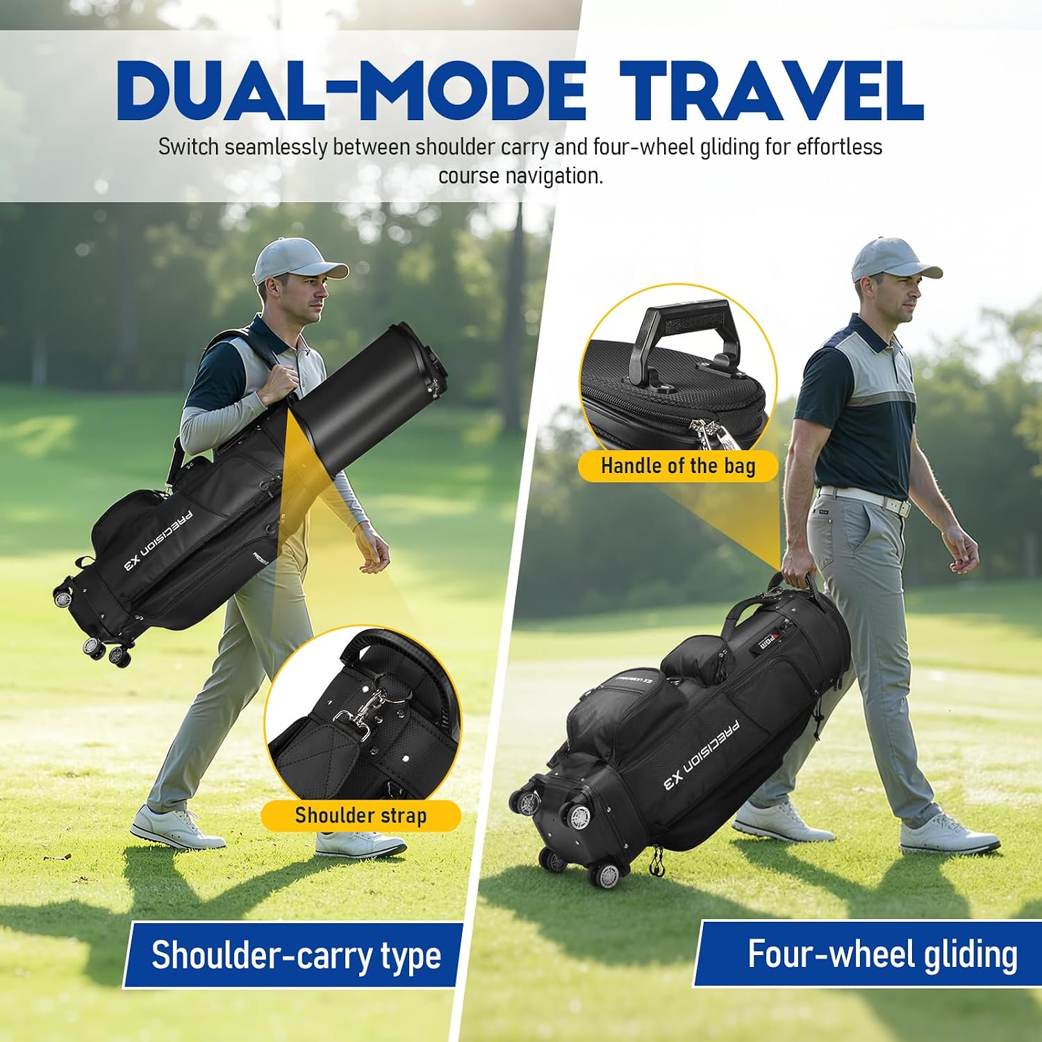 Golf Cart Bag with Top Dividers, Retractable Integrated Handle Grip