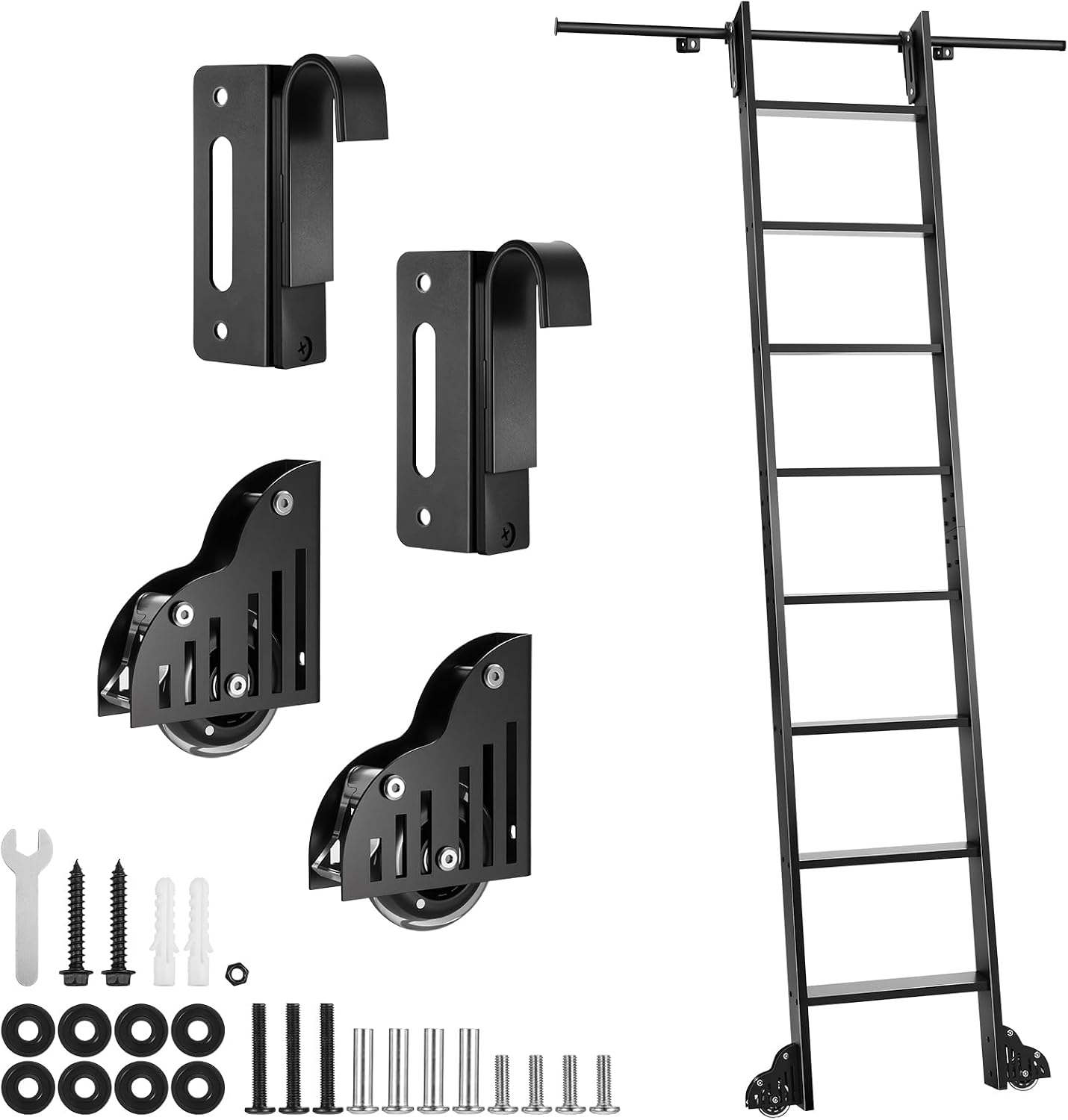96" Sliding Library Ladder with 4FT Track, 8-Step Lightweight Aluminum Rolling Ladder with Braking Wheels