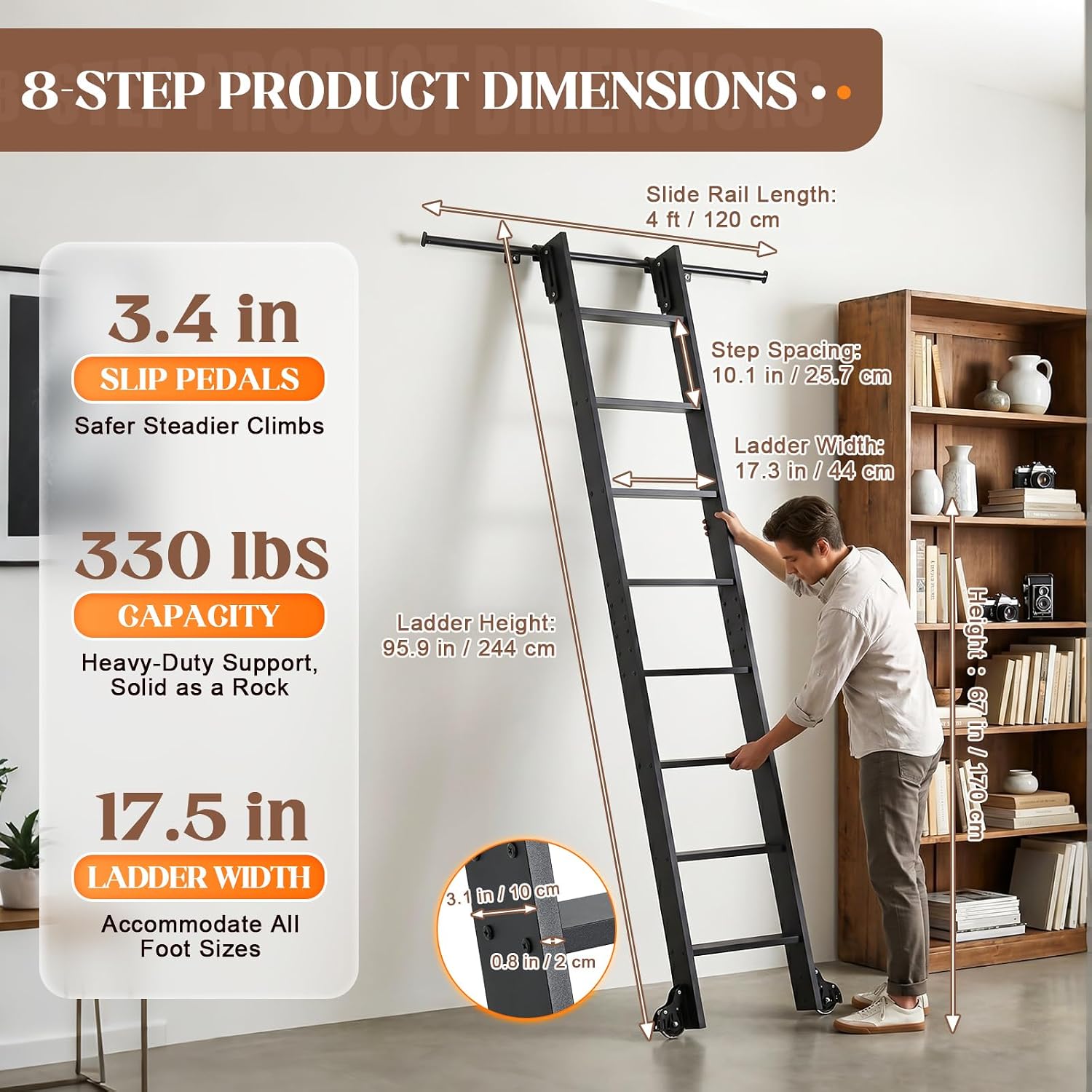 96" Sliding Library Ladder with 4FT Track, 8-Step Lightweight Aluminum Rolling Ladder with Braking Wheels