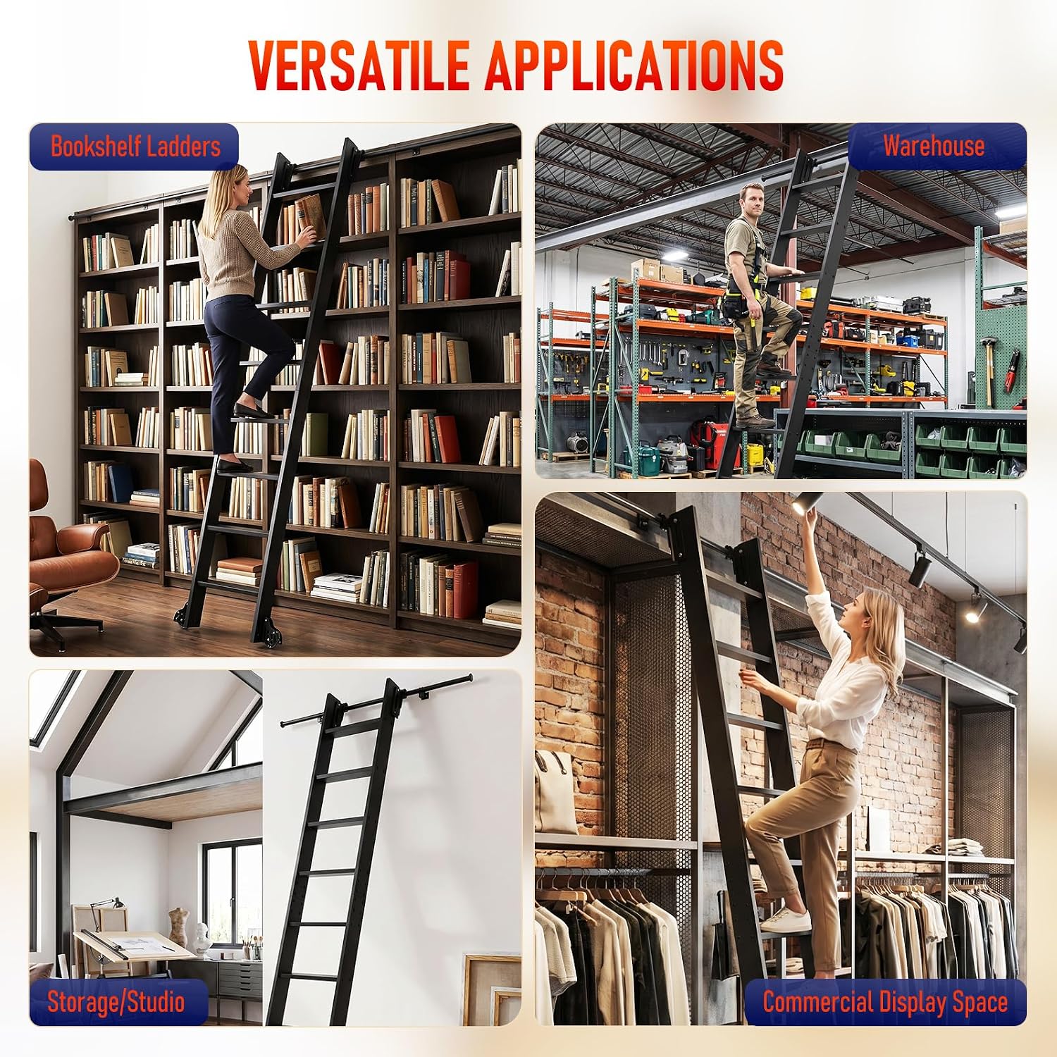 96" Sliding Library Ladder with 4FT Track, 8-Step Lightweight Aluminum Rolling Ladder with Braking Wheels