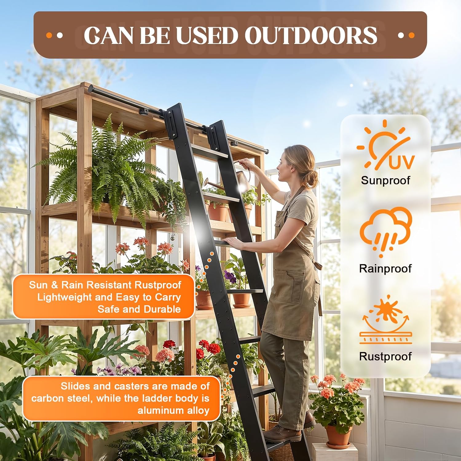 96" Sliding Library Ladder with 4FT Track, 8-Step Lightweight Aluminum Rolling Ladder with Braking Wheels