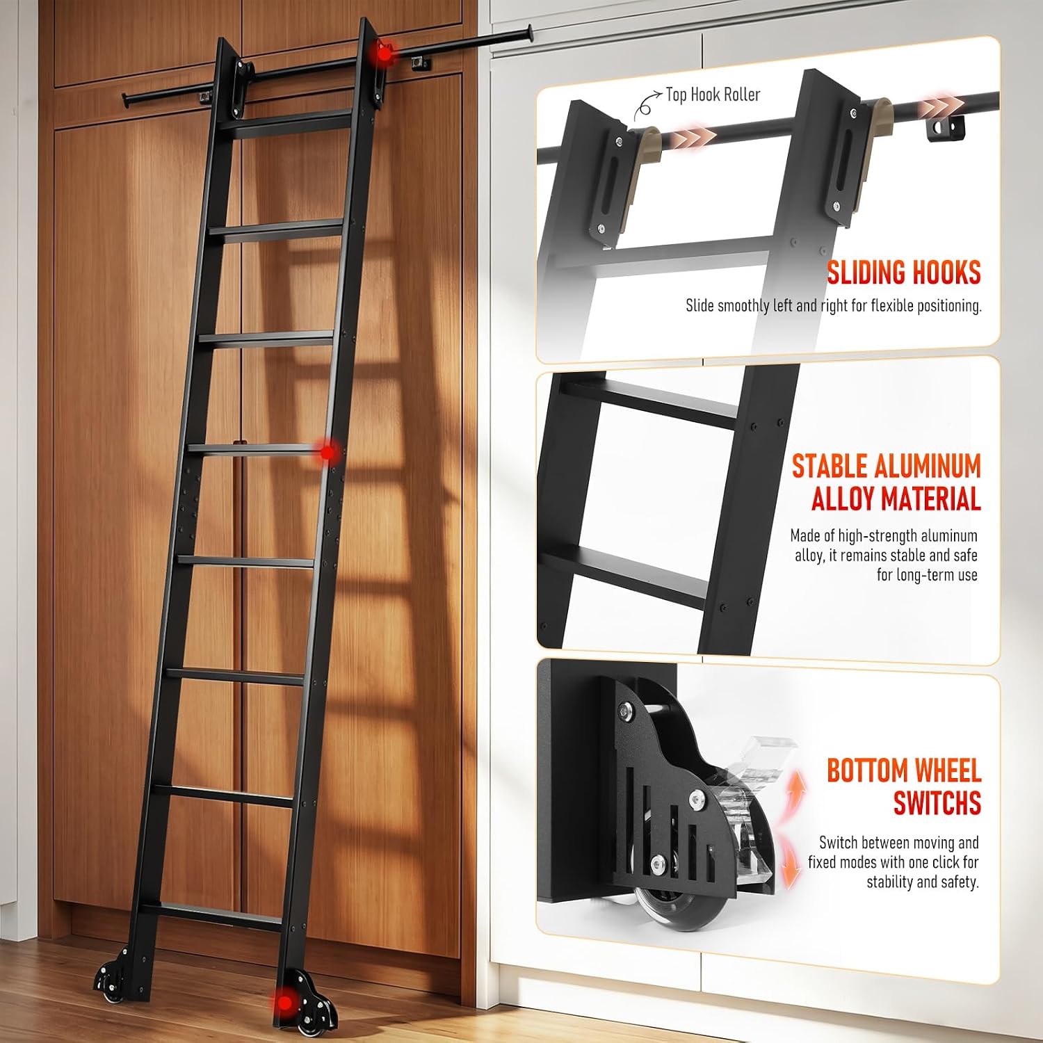 96" Sliding Library Ladder with 4FT Track, 8-Step Lightweight Aluminum Rolling Ladder with Braking Wheels