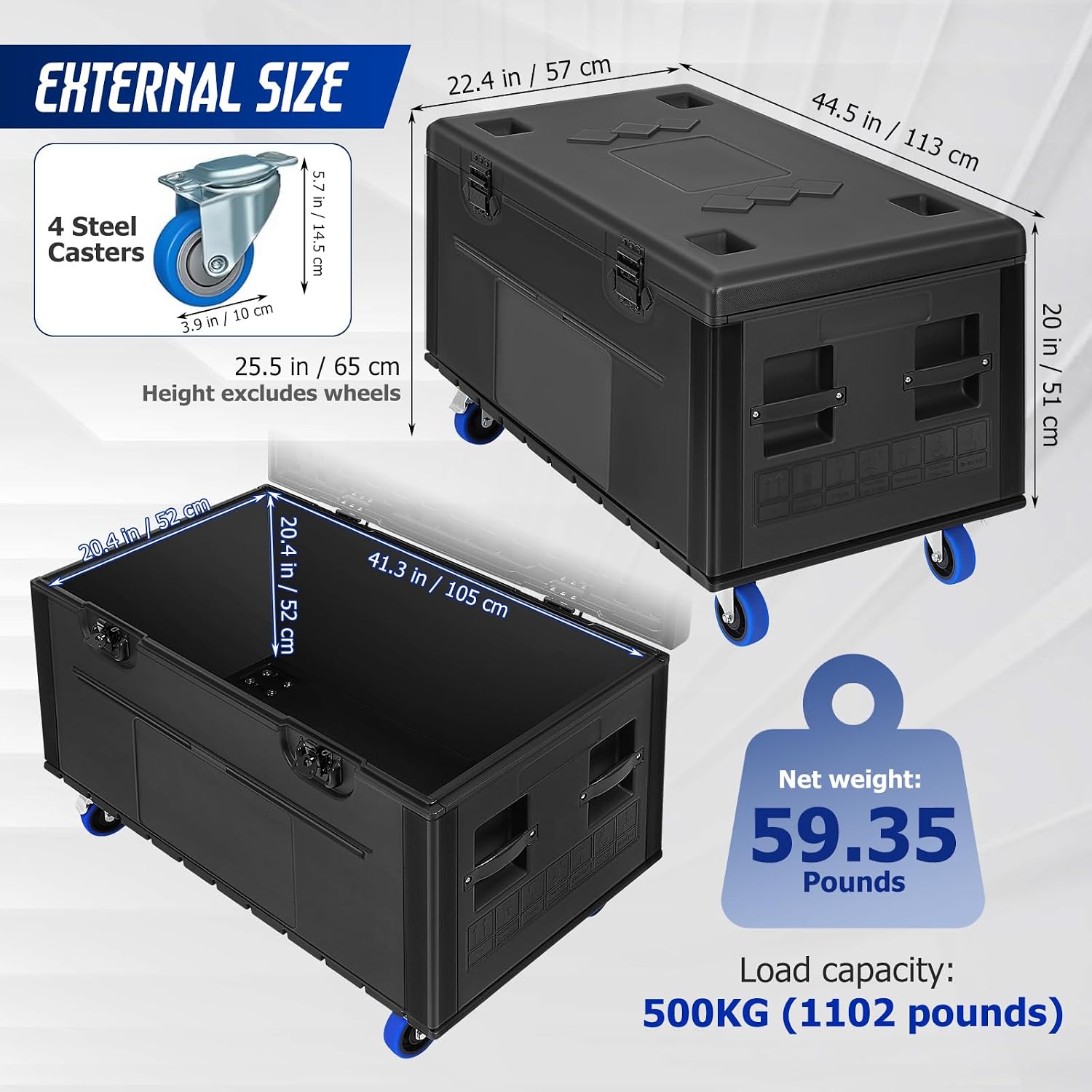 Heavy-Duty Rolling Cable Trunk Road Case, 1100lb Load, Waterproof | PE Impact Shell, Butterfly Lock