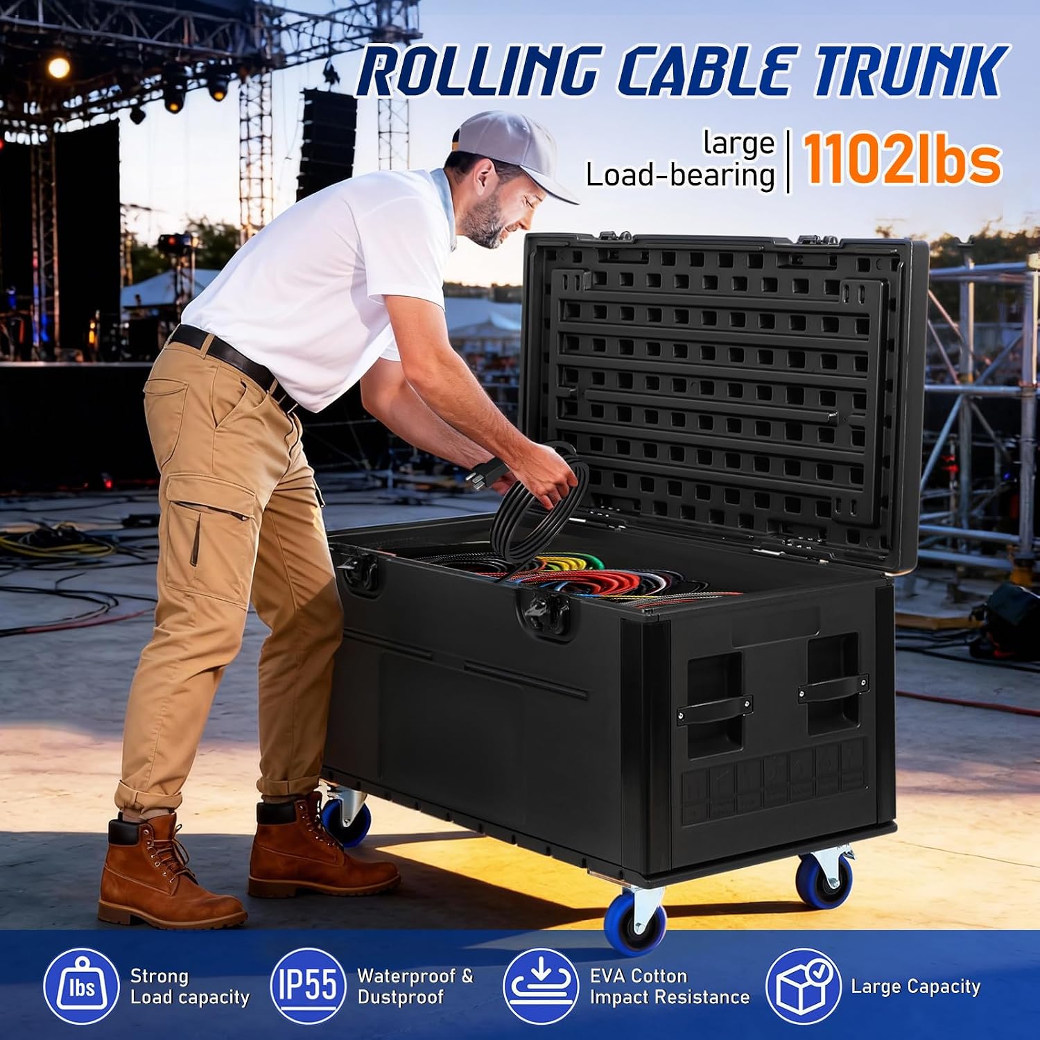 Heavy-Duty Rolling Cable Trunk Road Case, 1100lb Load, Waterproof | PE Impact Shell, Butterfly Lock