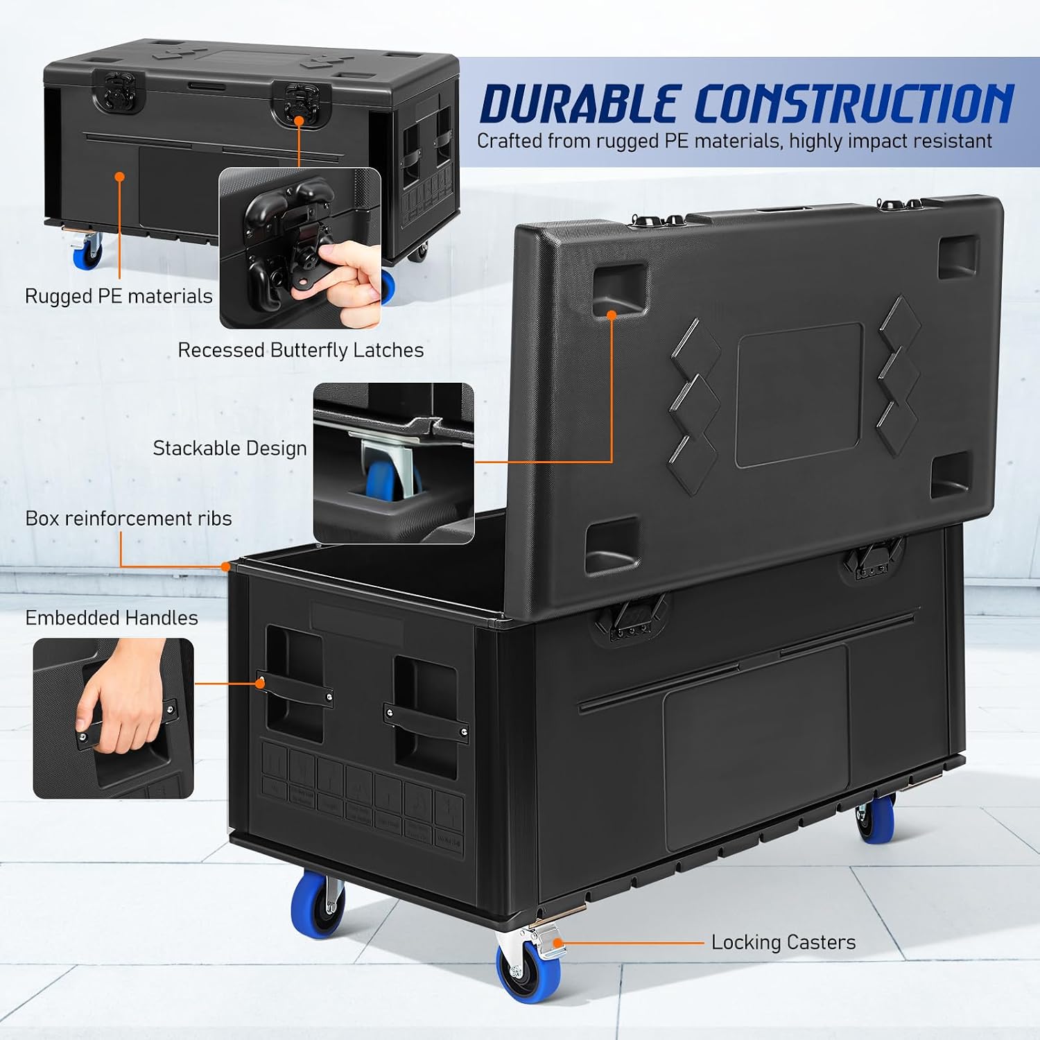 Heavy-Duty Rolling Cable Trunk Road Case, 1100lb Load, Waterproof | PE Impact Shell, Butterfly Lock