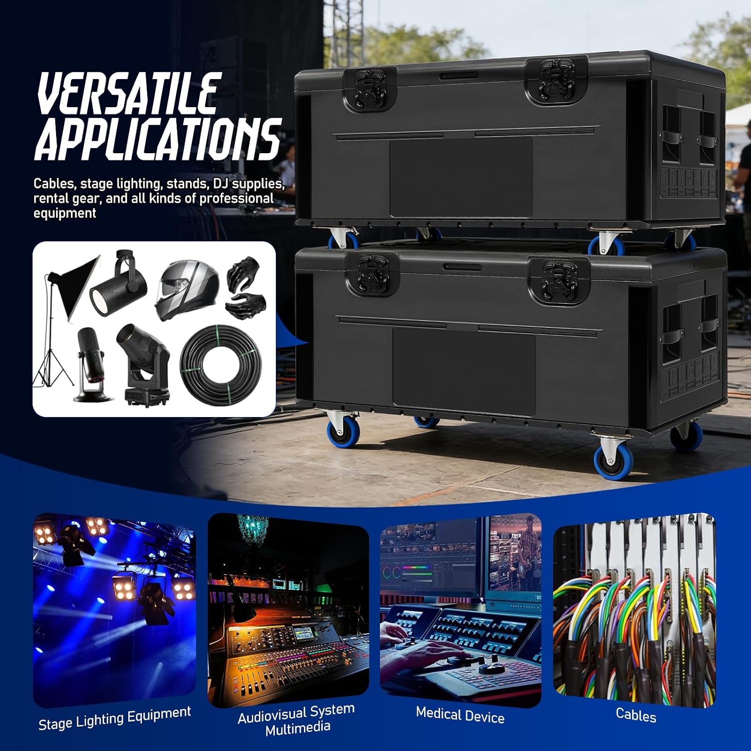 Heavy-Duty Rolling Cable Trunk Road Case, 1100lb Load, Waterproof | PE Impact Shell, Butterfly Lock