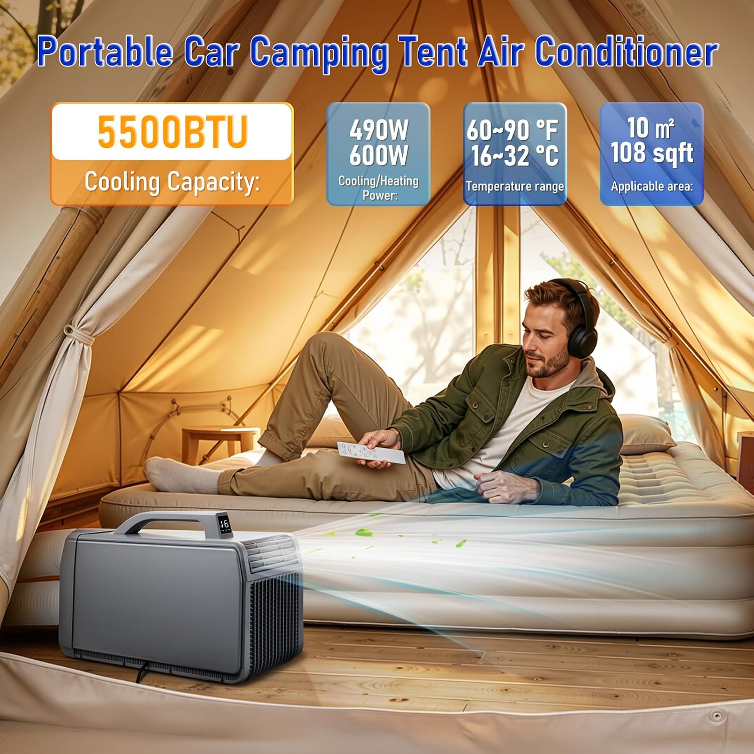 500W 12V DC Portable Air Conditioner, Quiet Cooler & Heater Combo for Car Tent Camper RV Boat