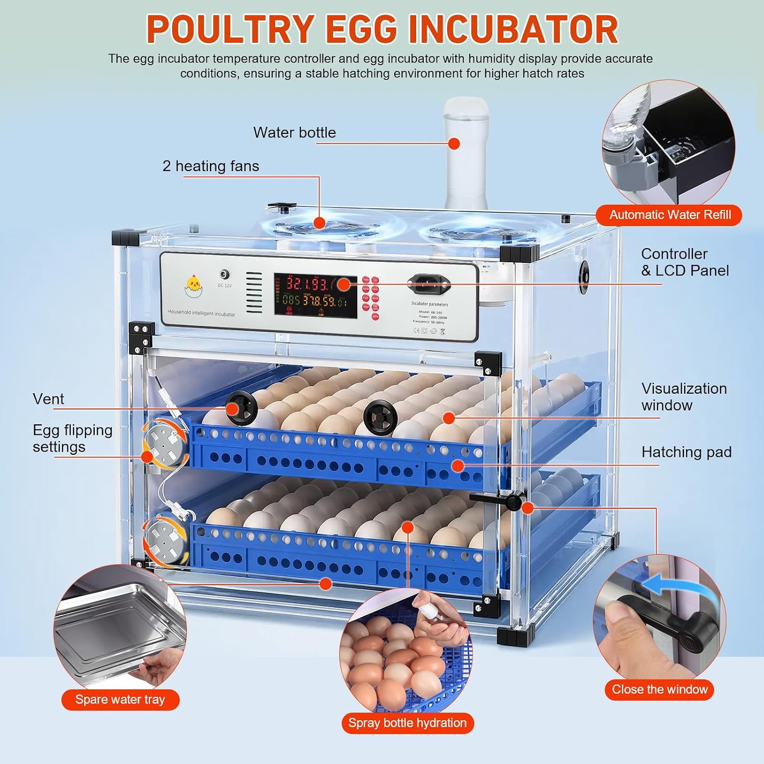 Automatic Egg Incubator for Hatching Eggs with Auto Turner, Digital Temp/Humidity