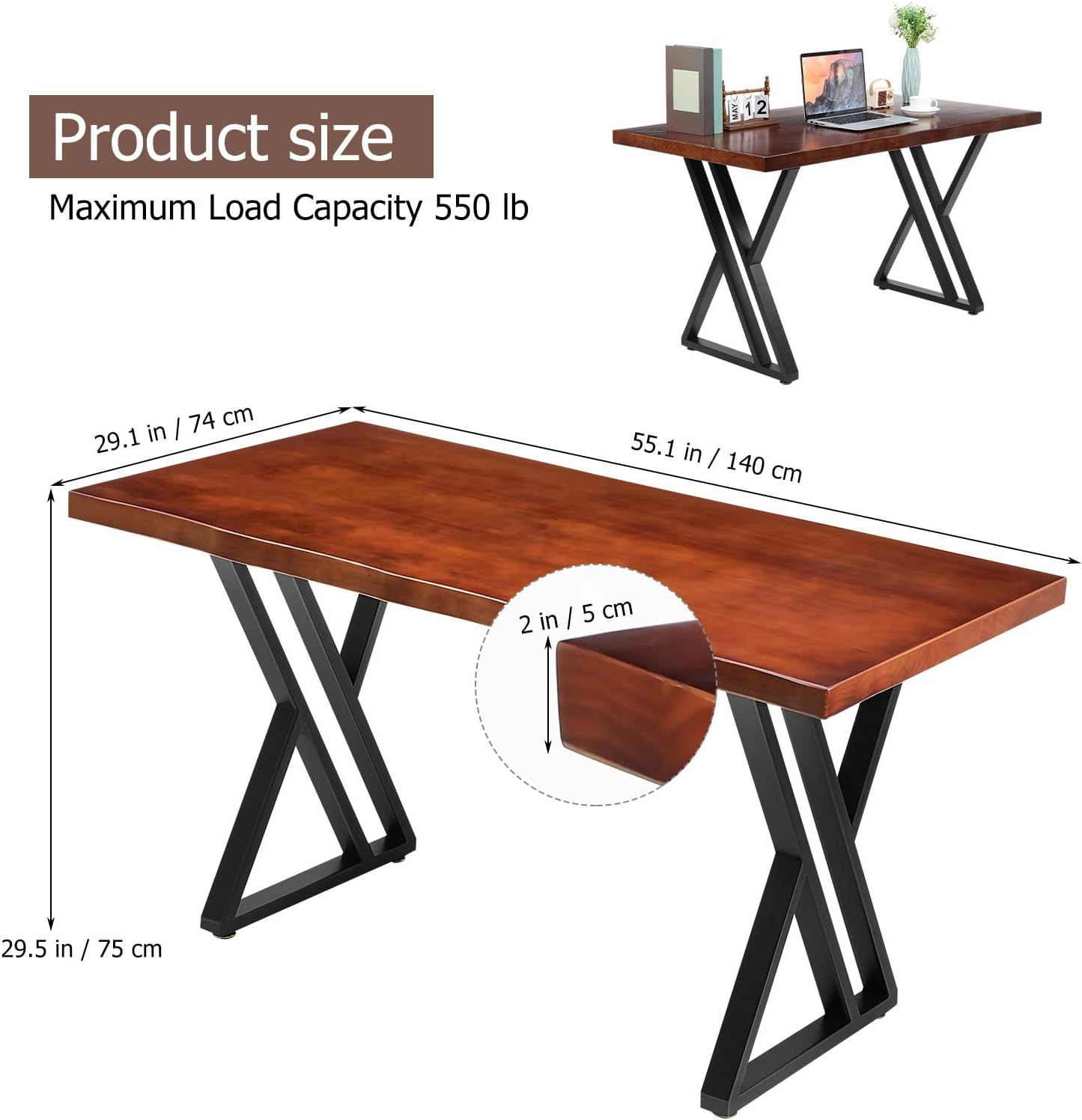 55 Inch Solid Wood Computer Desk, Farmhouse Writing Table with Thick Sturdy Frame