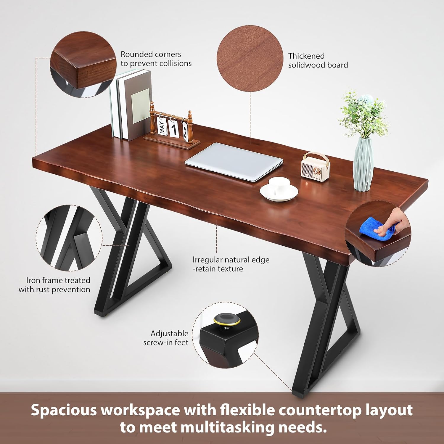 55 Inch Solid Wood Computer Desk, Farmhouse Writing Table with Thick Sturdy Frame