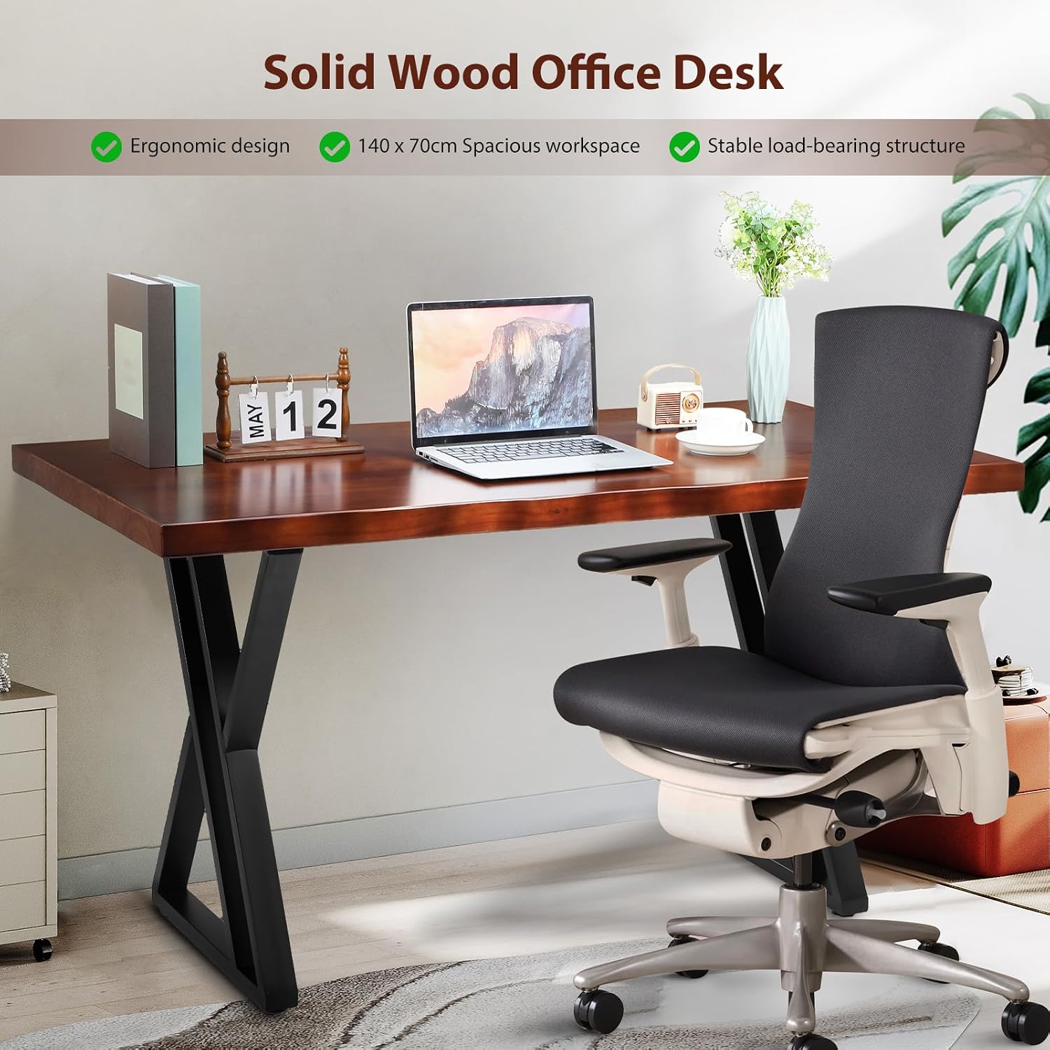 55 Inch Solid Wood Computer Desk, Farmhouse Writing Table with Thick Sturdy Frame