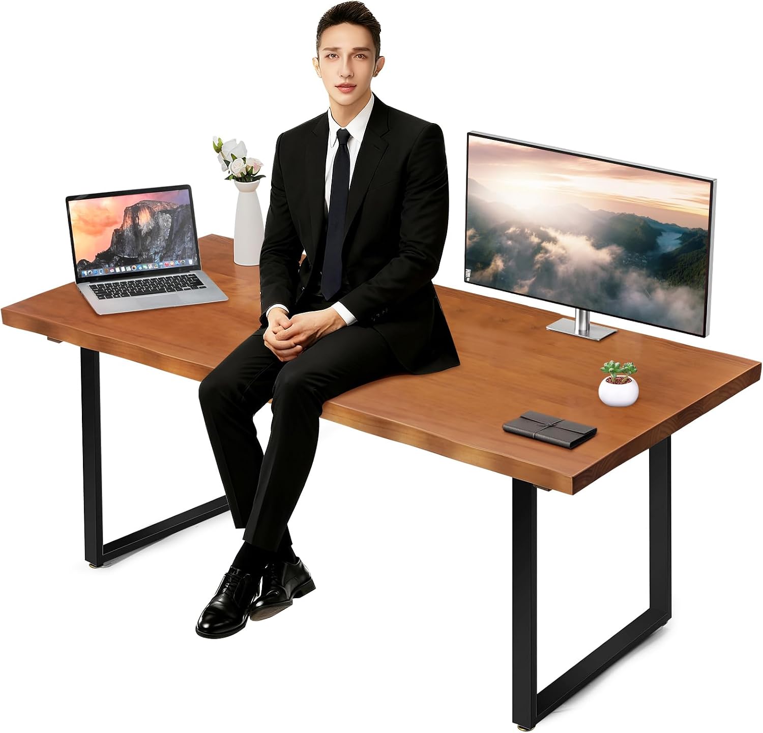 Wooden Computer Desk, 70.8 Inch Home Office Desk with Metal Frame