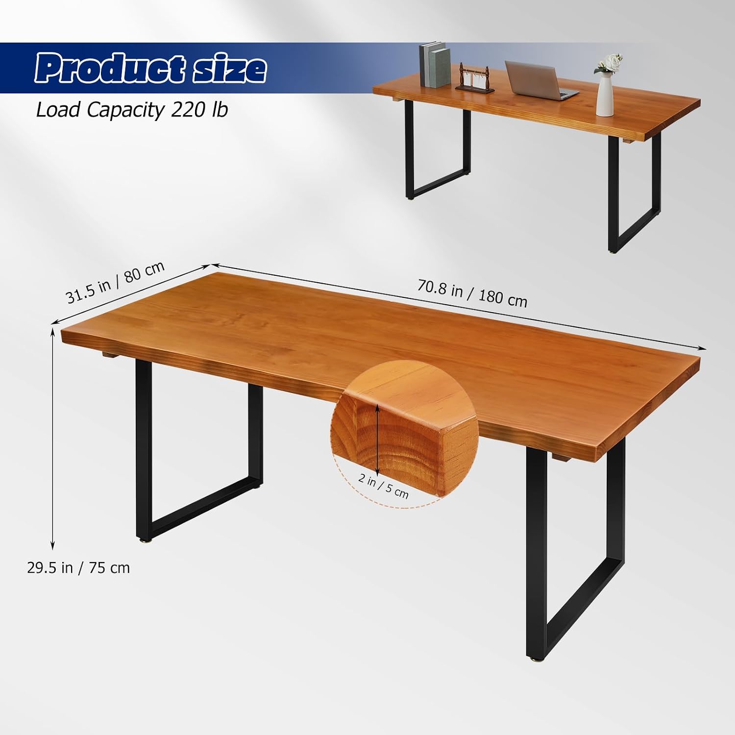 Wooden Computer Desk, 70.8 Inch Home Office Desk, Gaming Desk, Long Work Desk Table with Metal Frame