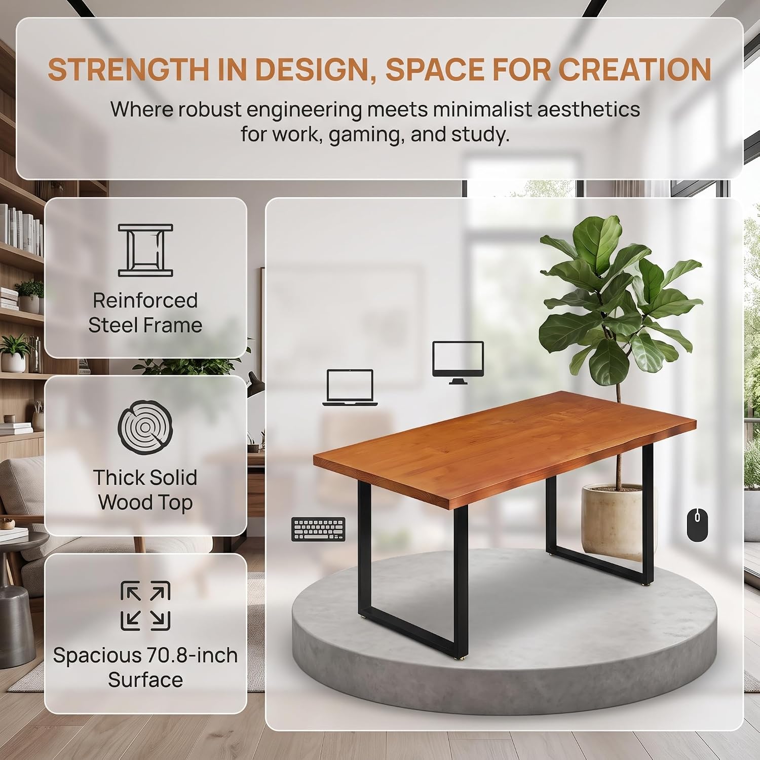 Wooden Computer Desk, 70.8 Inch Home Office Desk with Metal Frame