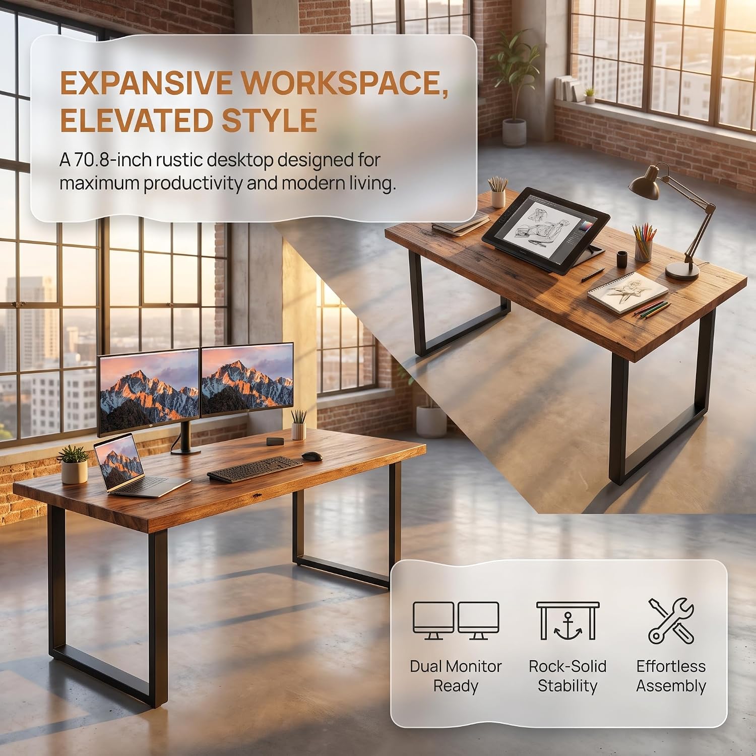 Wooden Computer Desk, 70.8 Inch Home Office Desk with Metal Frame