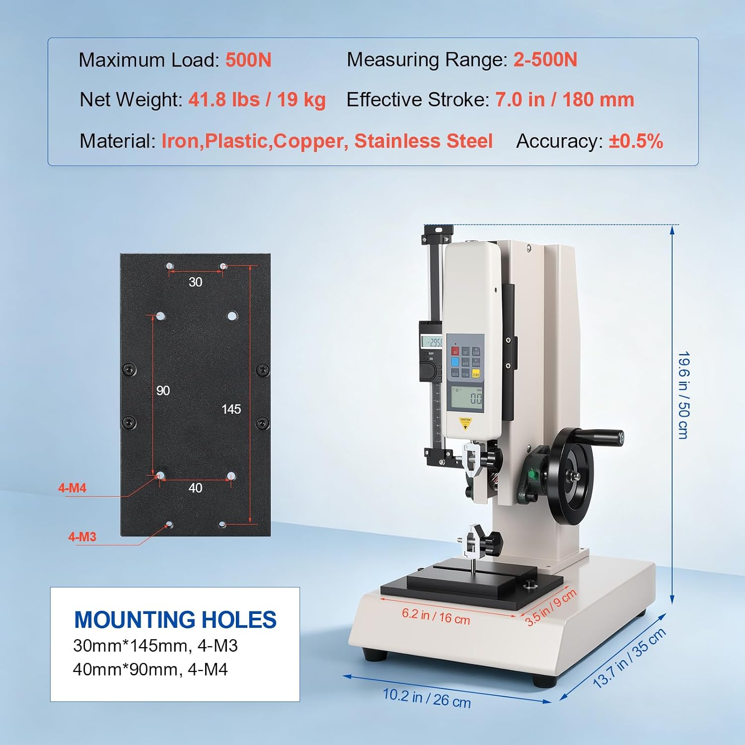 Force Gauge with Platform Stand, ±0.5% Accuracy Push Pull Gauge Digital 500N Tester
