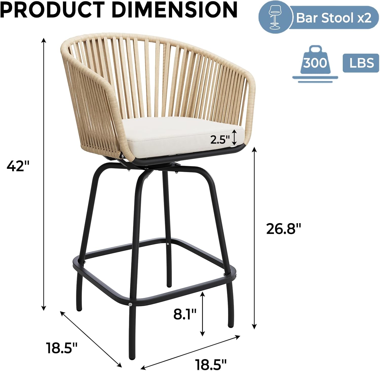 Outdoor Swivel Bar Stools Set of 2, 26.8" Counter Height Patio Chairs with 360° Rotation & Removable Cushion
