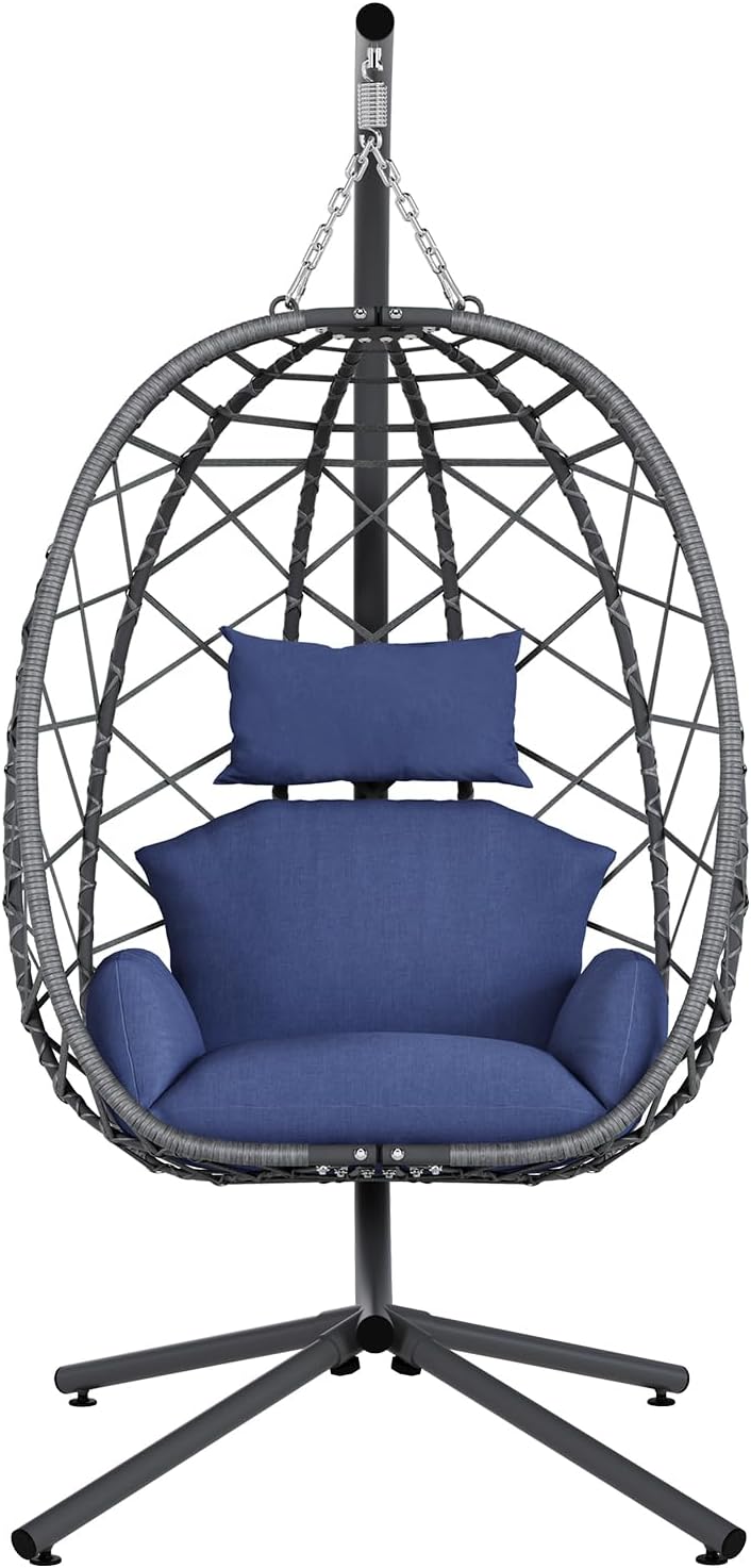 Hanging Egg Chair with Stand, Outdoor Indoor Rattan Wicker Egg Swing Chair with Cushion, Heavy Duty Patio Hammock Chairs