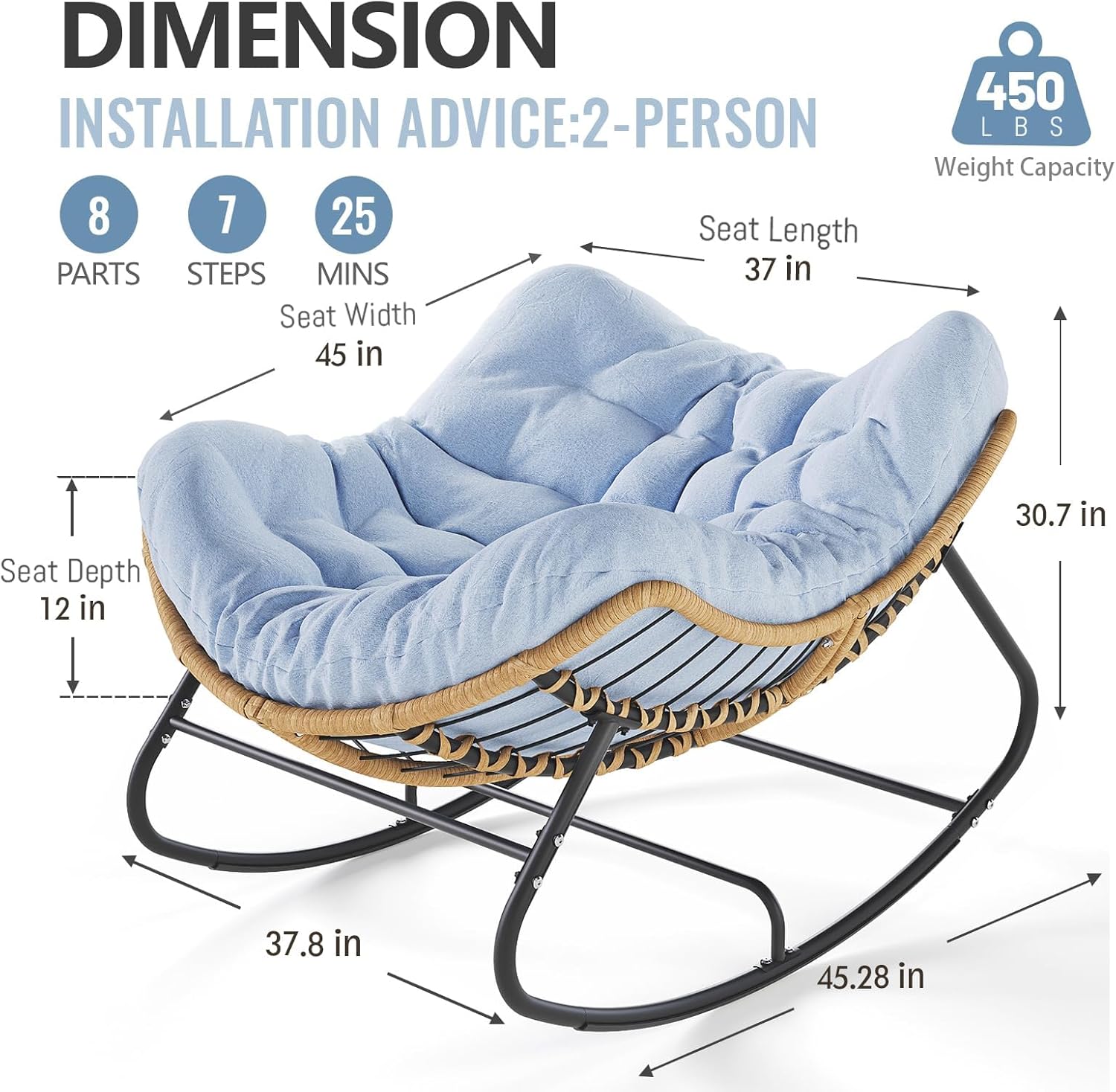 Outdoor Rocking Chair, Oversized Patio Papasan Rocker, Comfy Wicker Reading Lounge