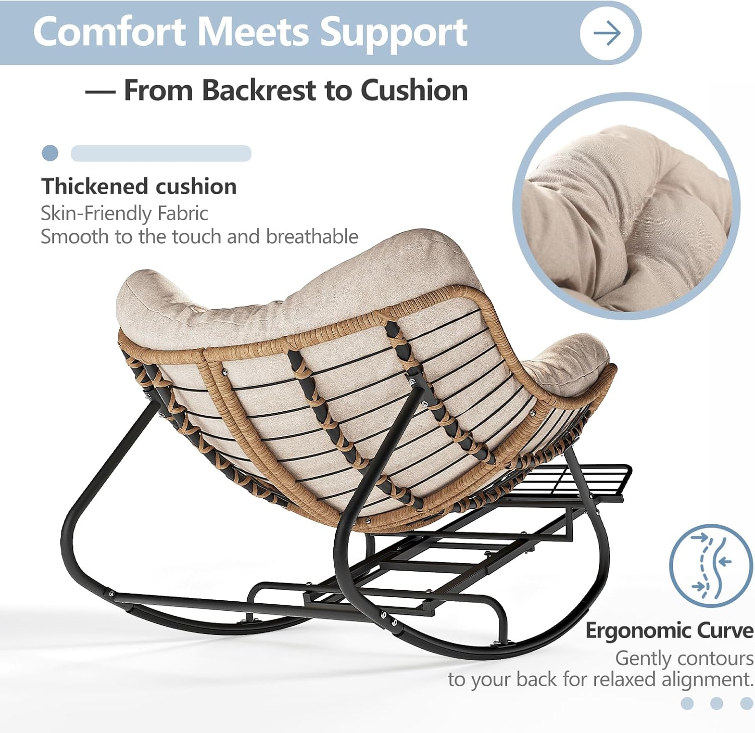Outdoor Papasan Rocking Chair with Adjustable Footrest, Oversized Wicker Zero-Gravity Chair with Cushion