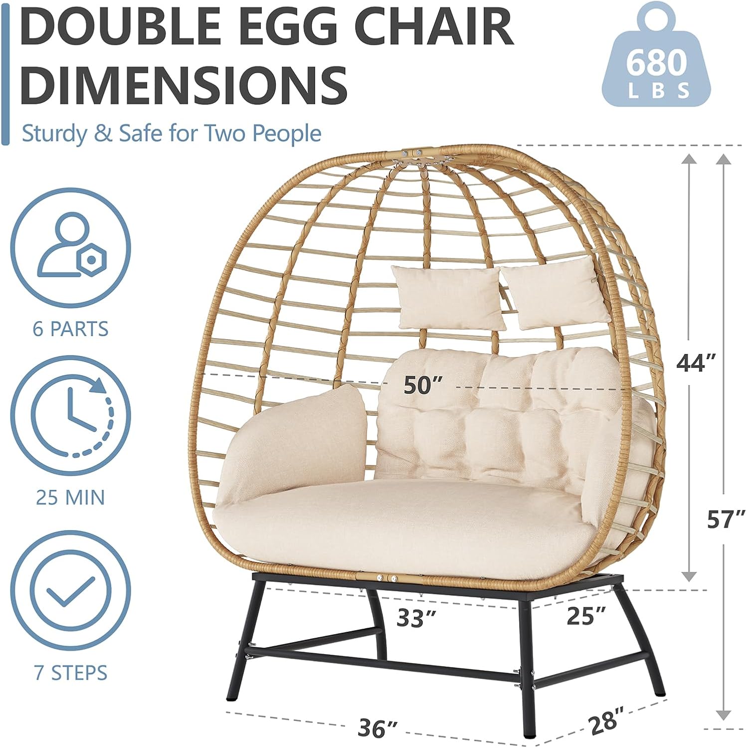 Double Wicker Egg Chair Outdoor, Indoor Oversized Papasan Loveseat with Thick Cushion