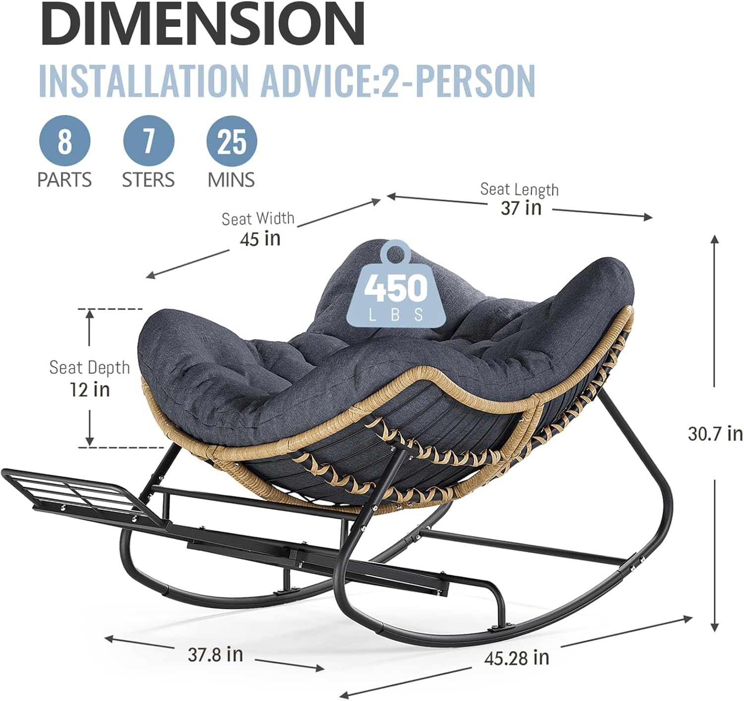 Papasan Rocking Chair with Adjustable Footrest, Oversized Wicker Zero-Gravity Outdoor Rocker with Cushion