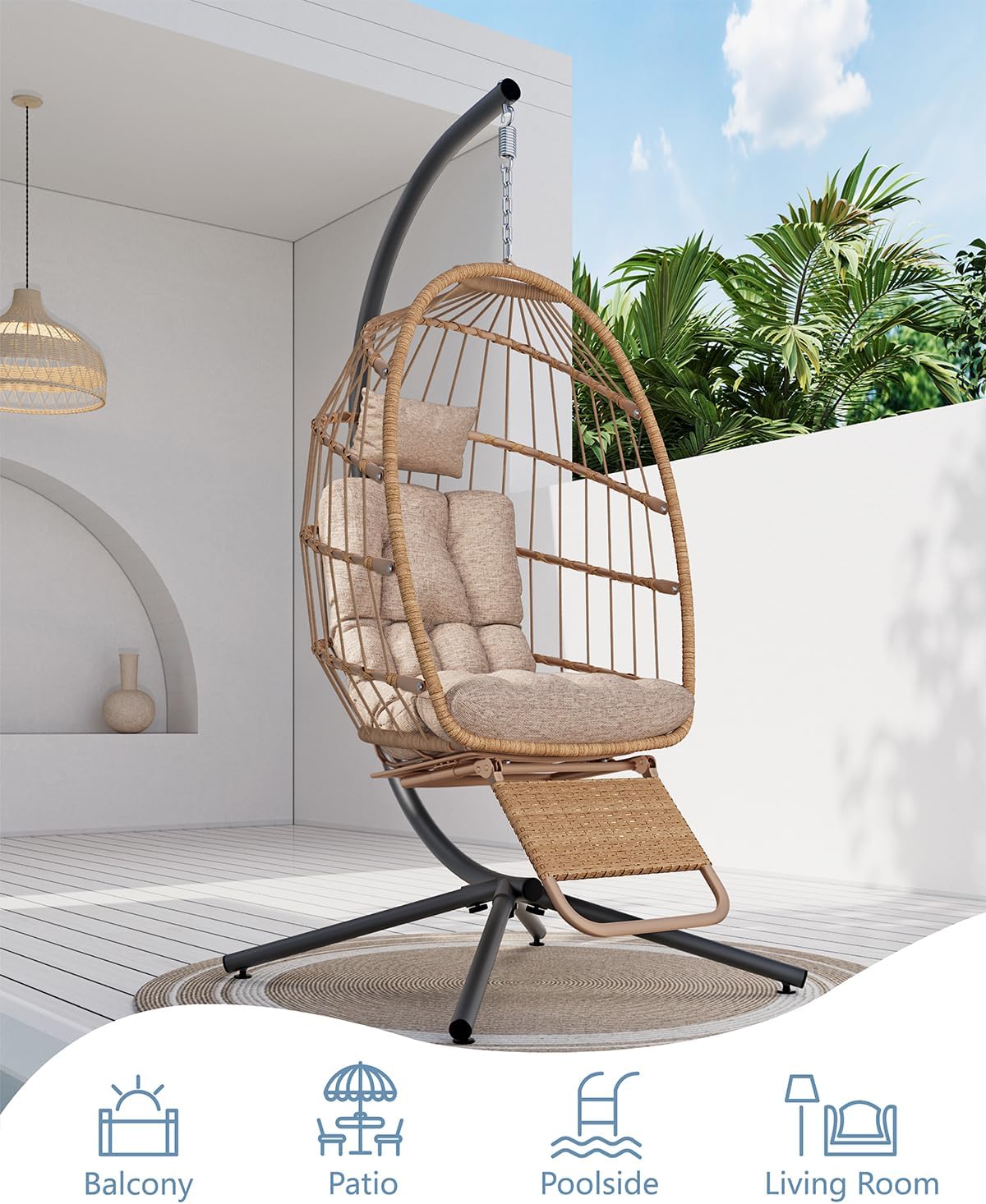 Egg Chair Outdoor with Footrest & Stand, Indoor Wicker Hanging Egg Swing Chair with Cushion for Patio