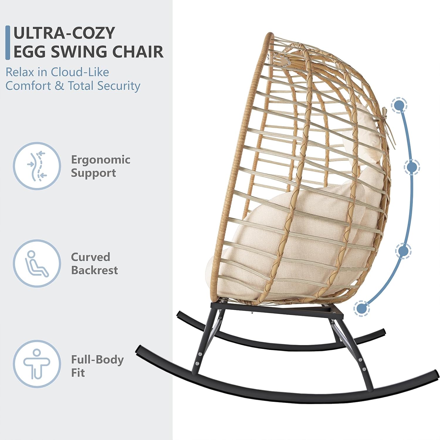Egg Swing Loveseat with Thick Cushions, Oversized 2-Person Patio Lounge Chair, 680 LBS Capacity for Balcony