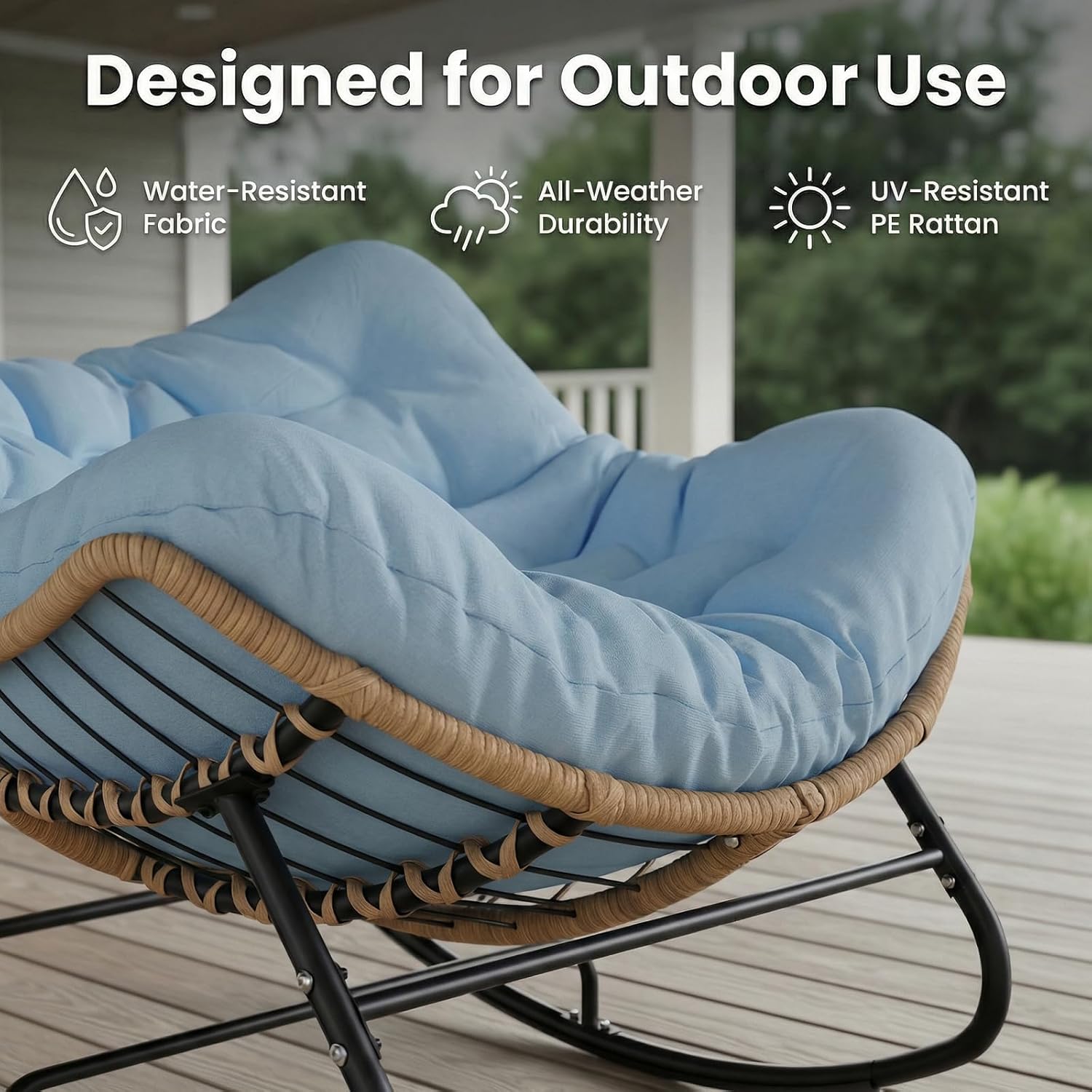 Outdoor Rocking Chair, Oversized Patio Papasan Rocker, Comfy Wicker Reading Lounge