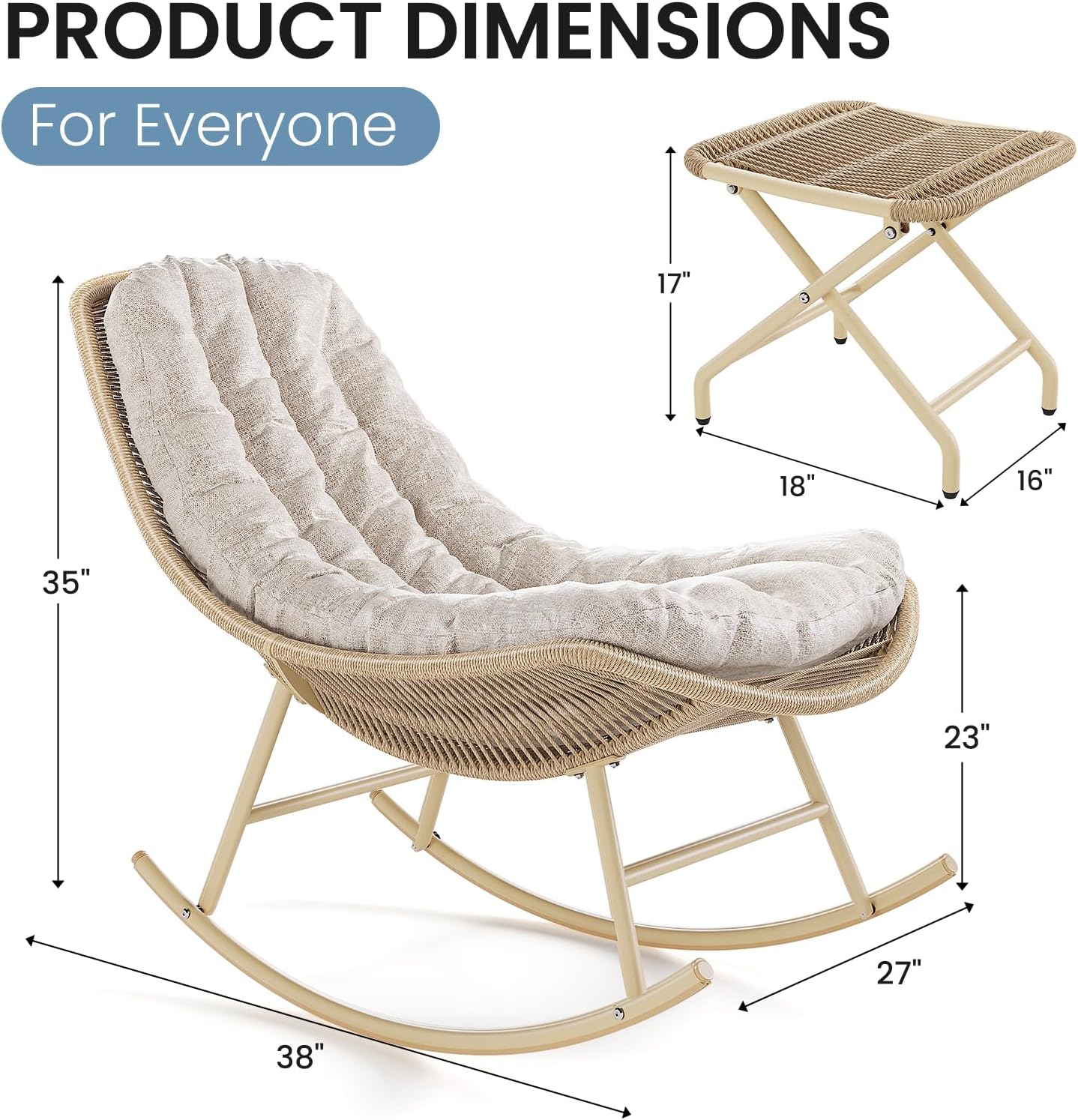 Outdoor Rocking Chair with Ottoman, Indoor Handwoven Wicker Rocker with Cushion