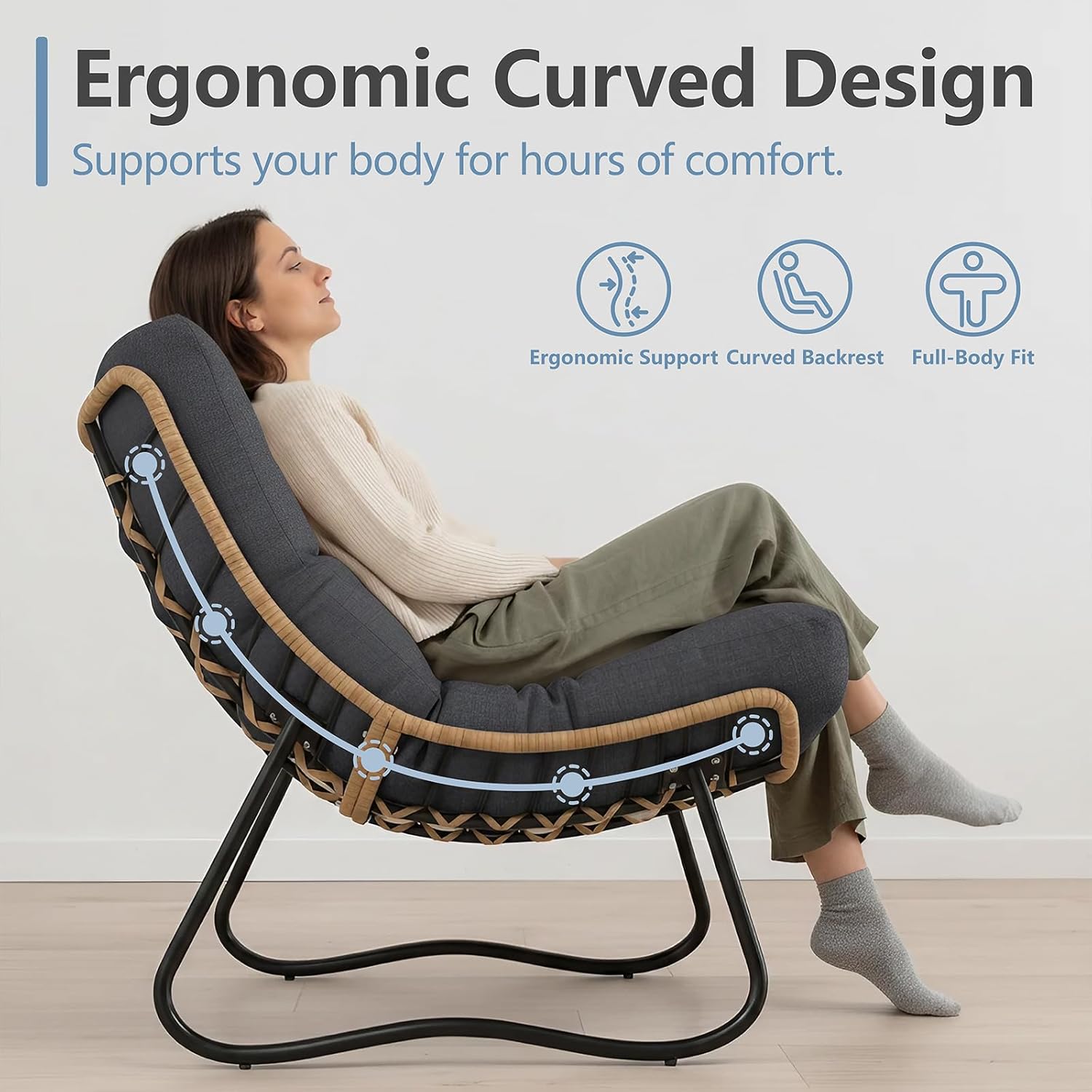 Outdoor Wicker Papasan Egg Chair, Oversized Patio Lounge Recliner with Thick Cushion