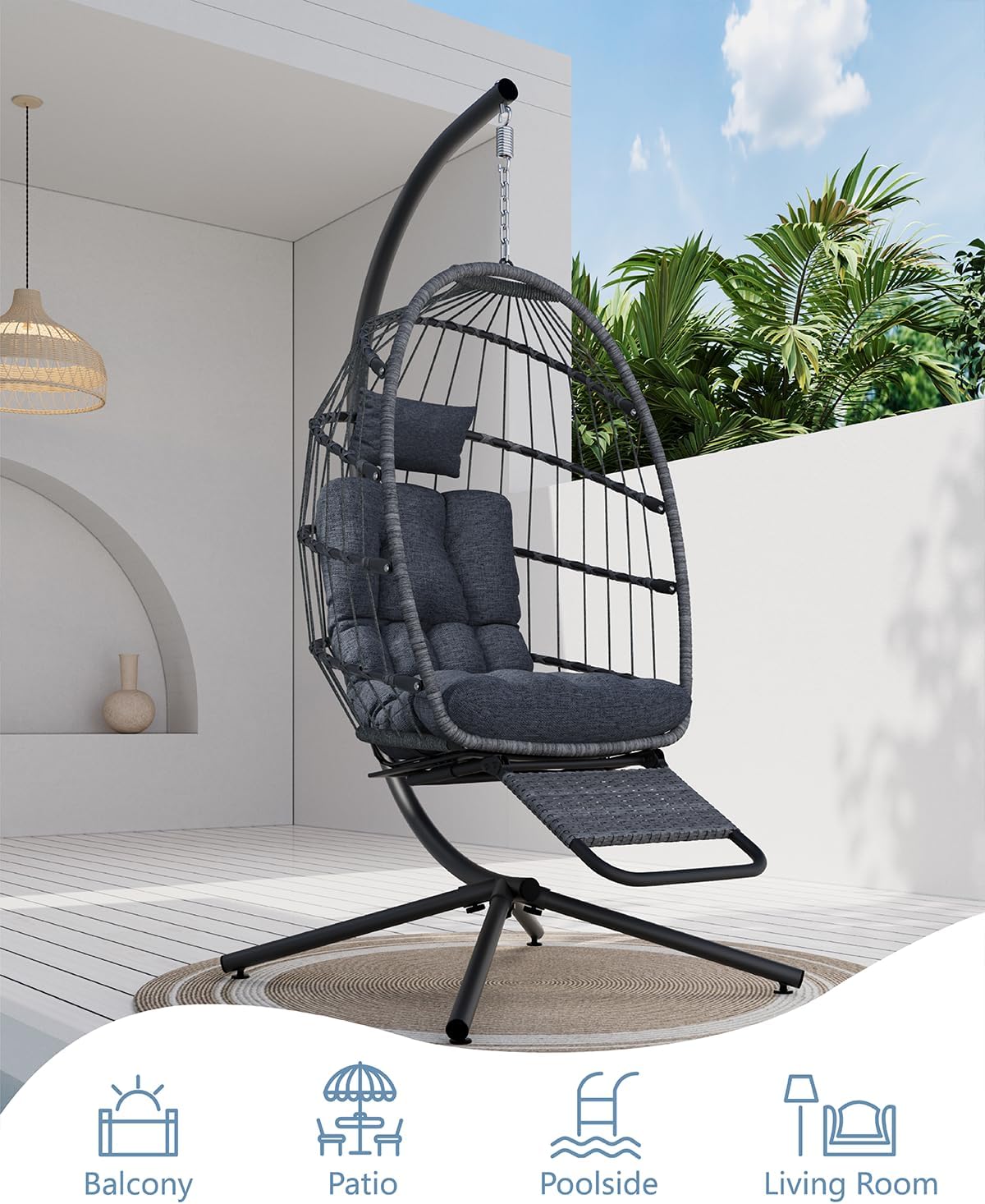 Egg Chair Outdoor with Footrest & Stand, Indoor Wicker Hanging Egg Swing Chair with Cushion