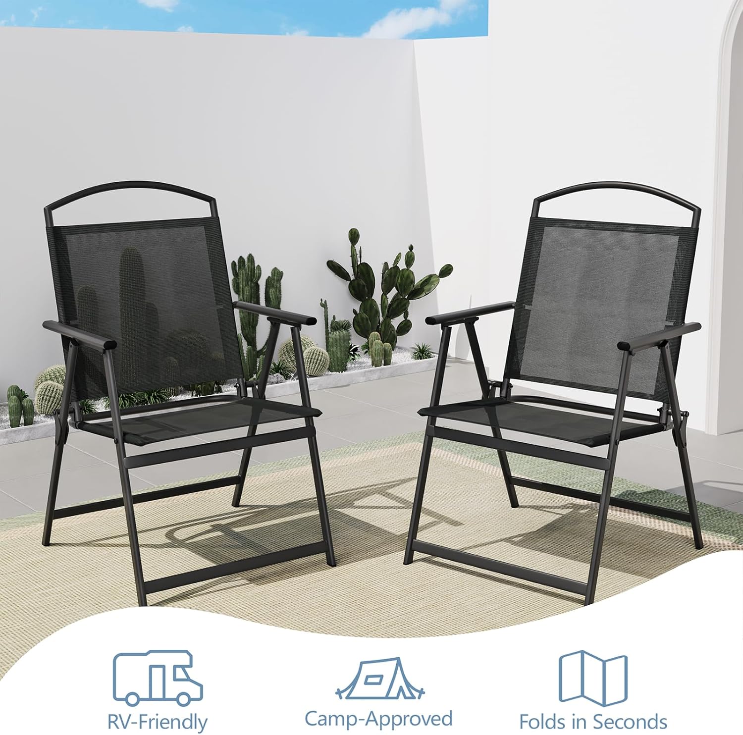 Folding Patio Chairs Set of 2, Outdoor Dining Chairs with Armrests