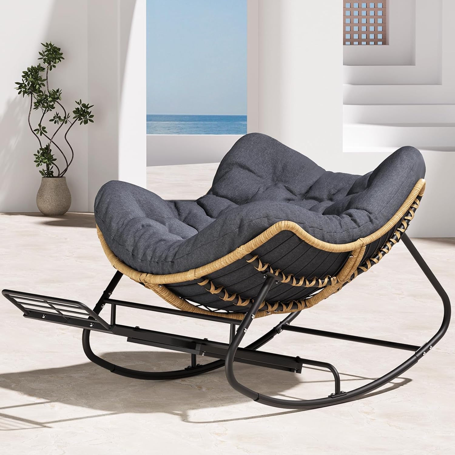 Papasan Rocking Chair with Adjustable Footrest, Oversized Wicker Zero-Gravity Outdoor Rocker with Cushion