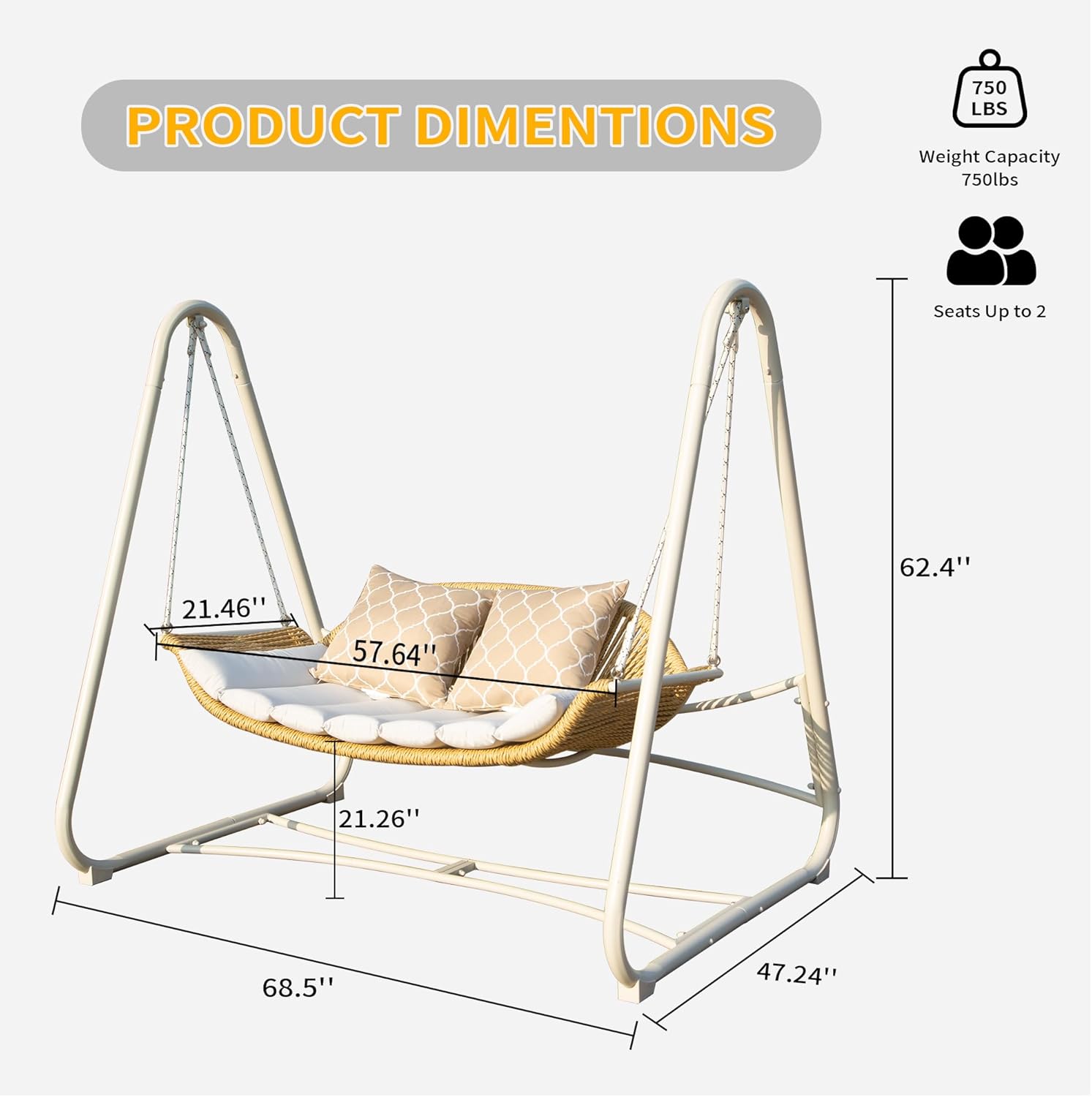 2-Seat Hanging Swing Chair with Thickened Cushions and Pillow, Rattan Porch Swing Chair