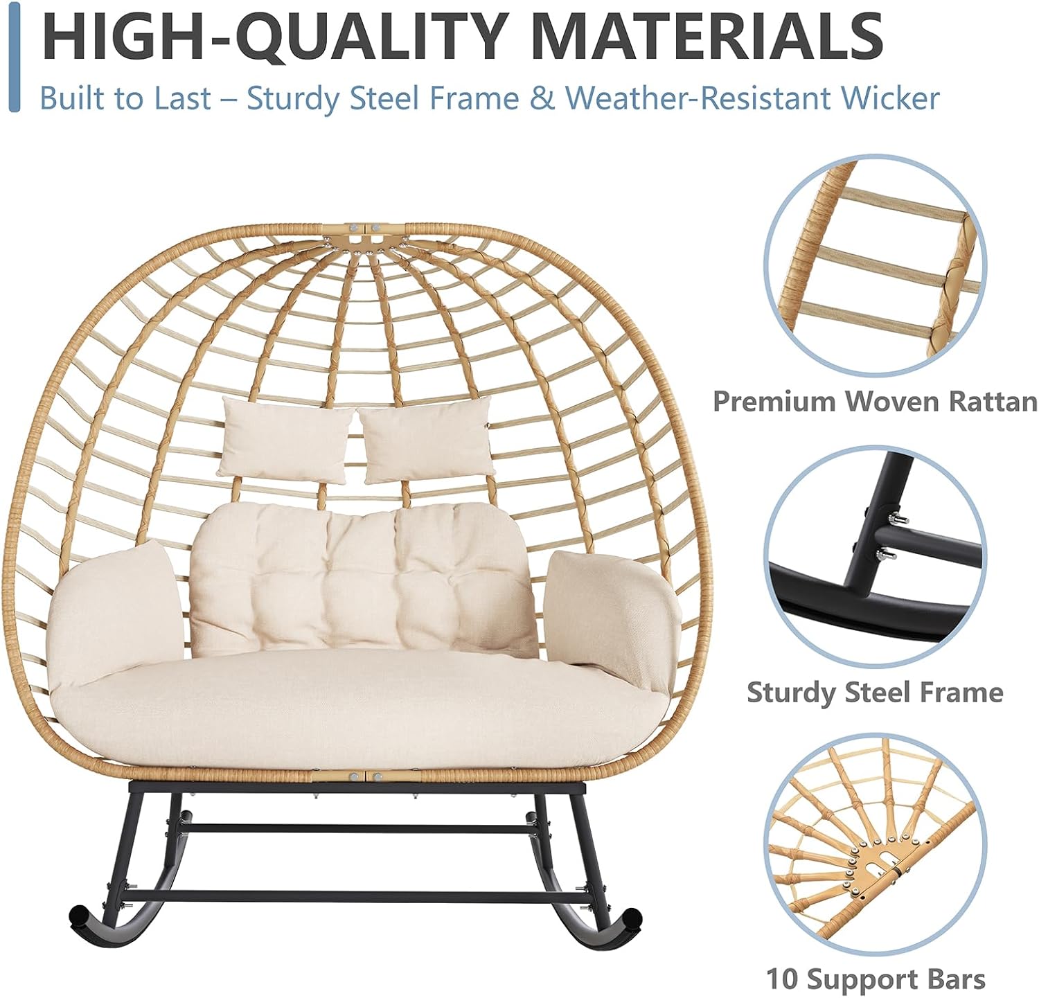 Egg Swing Loveseat with Thick Cushions, Oversized 2-Person Patio Lounge Chair, 680 LBS Capacity for Balcony