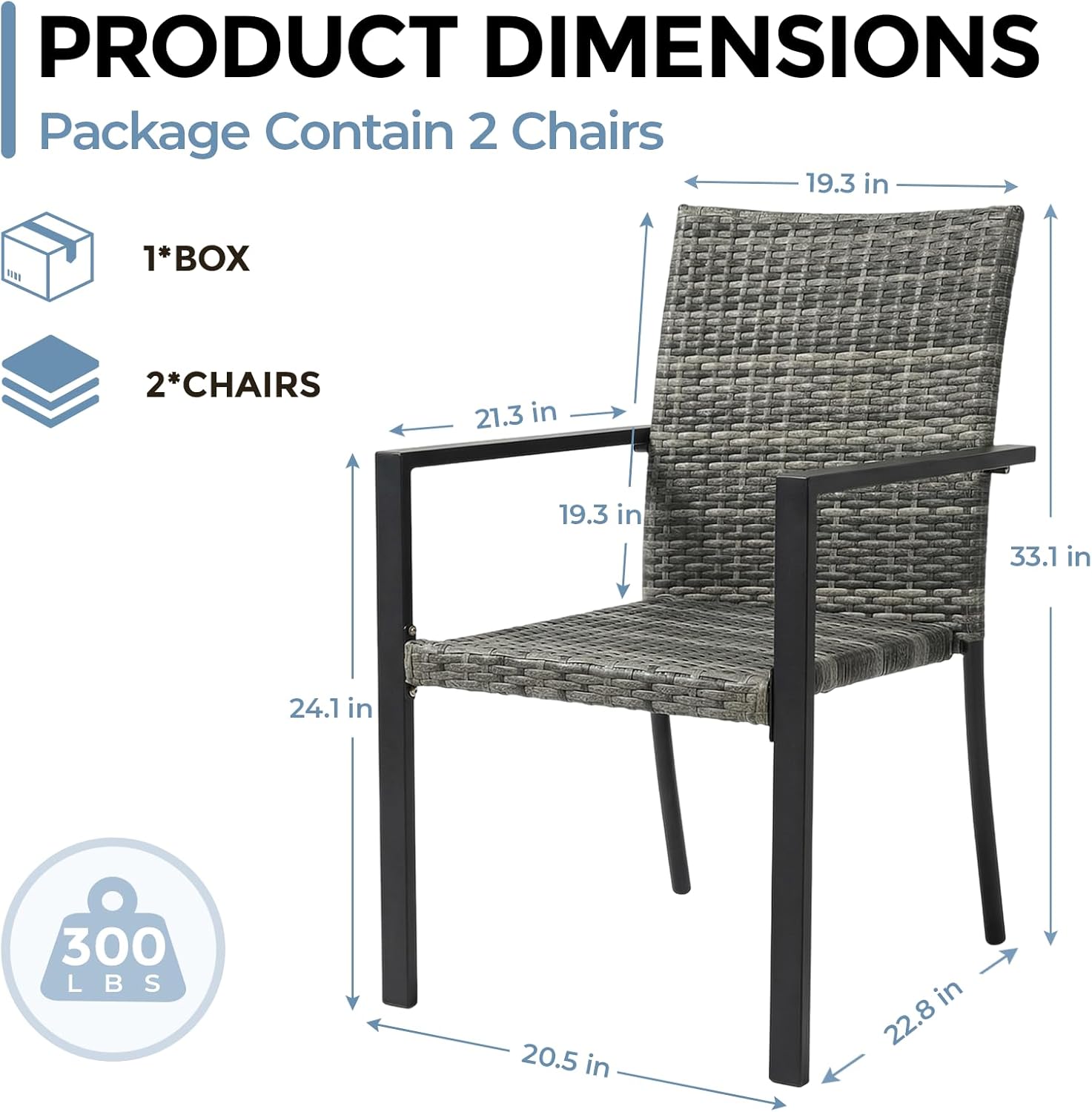Stackable Patio Chairs Set of 2, Outdoor Wicker Dining Chairs with Armrests & Steel Frame