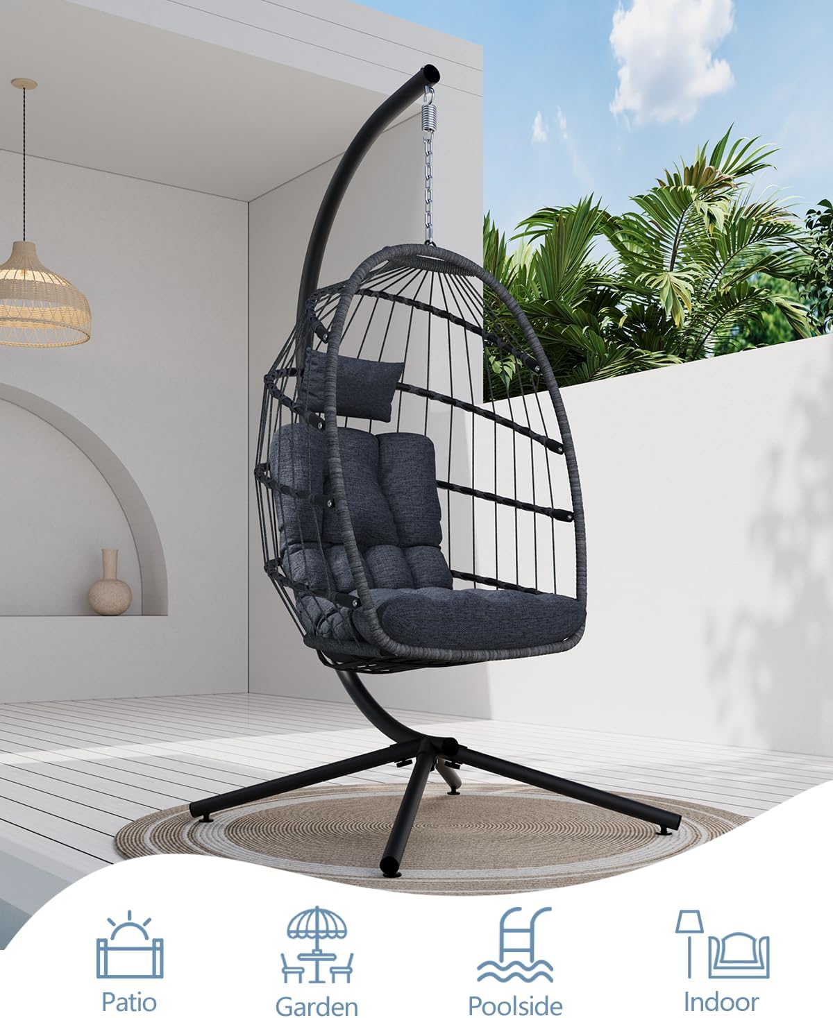 Egg Chair Outdoor with Stand, Indoor Wicker Hanging Egg Swing Chair with Cushion